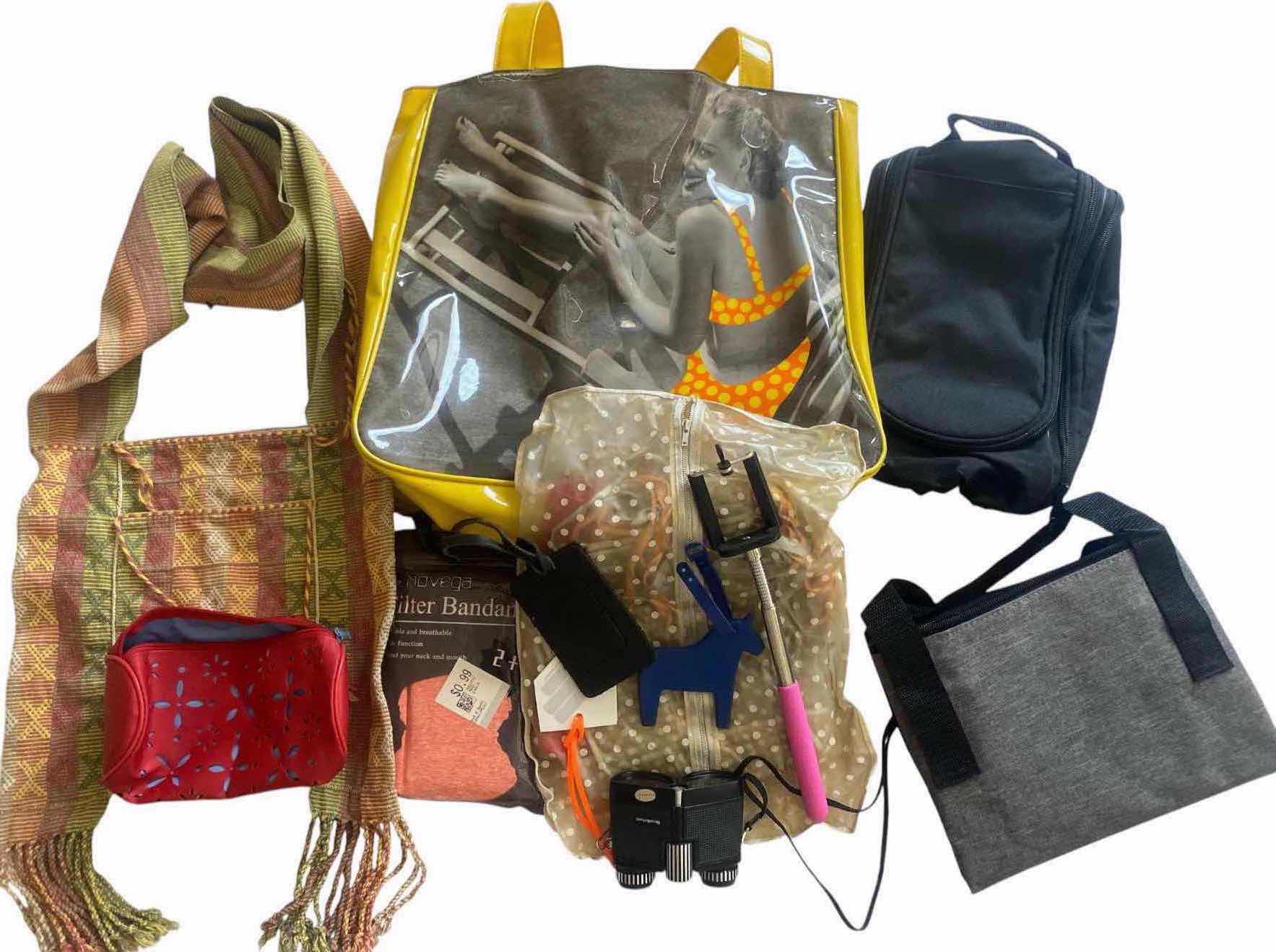 Photo 1 of VINYL BEACH TOTE & TRAVEL ACCESSORIES DOPP BAG/ SELFIE STICK, /LUGGAGE TAGS, SMALL BINOCULARS & BANDANA