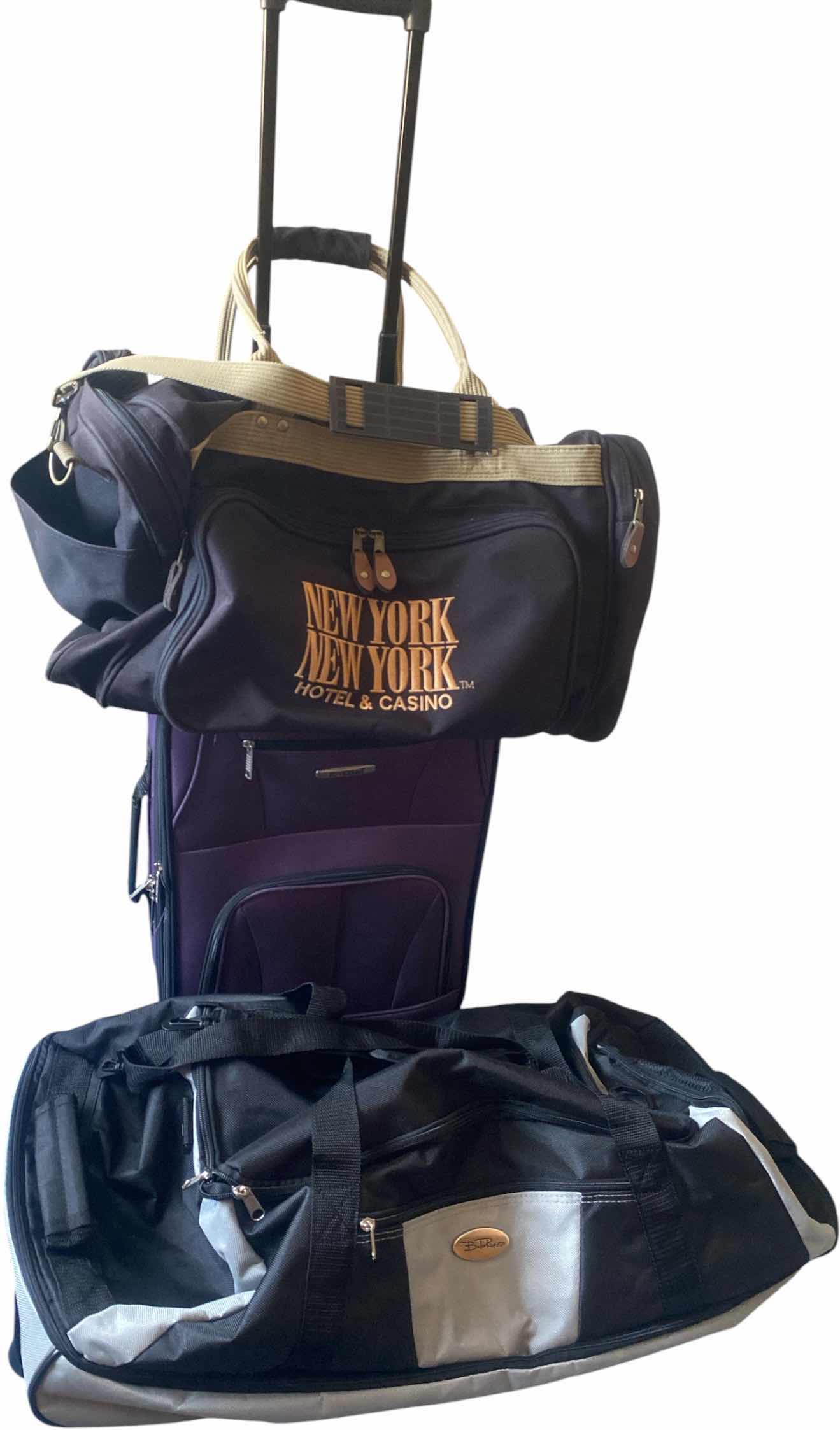Photo 1 of LARGE ROLLING DUFFEL, NEW YORK NEW YORK, DUFFEL BAG AND ROCKLAND PURPLE ROLL A BOARD H 19”