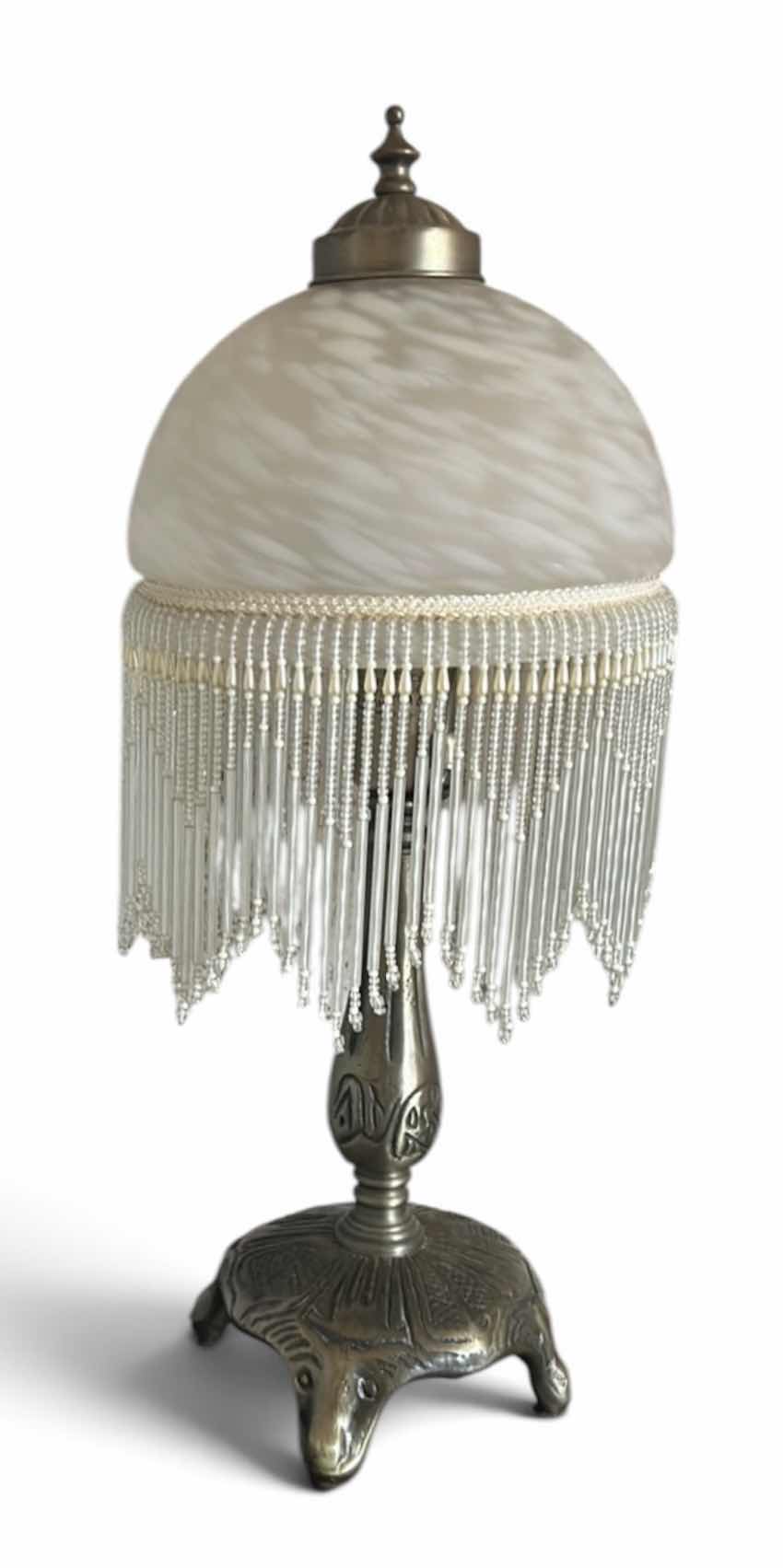 Photo 1 of VINTAGE VICTORIAN STYLE BEADED TABLE, LAMP WITH GLASS DOME, SHADE AND BEADED FRINGE TASSELS H19”