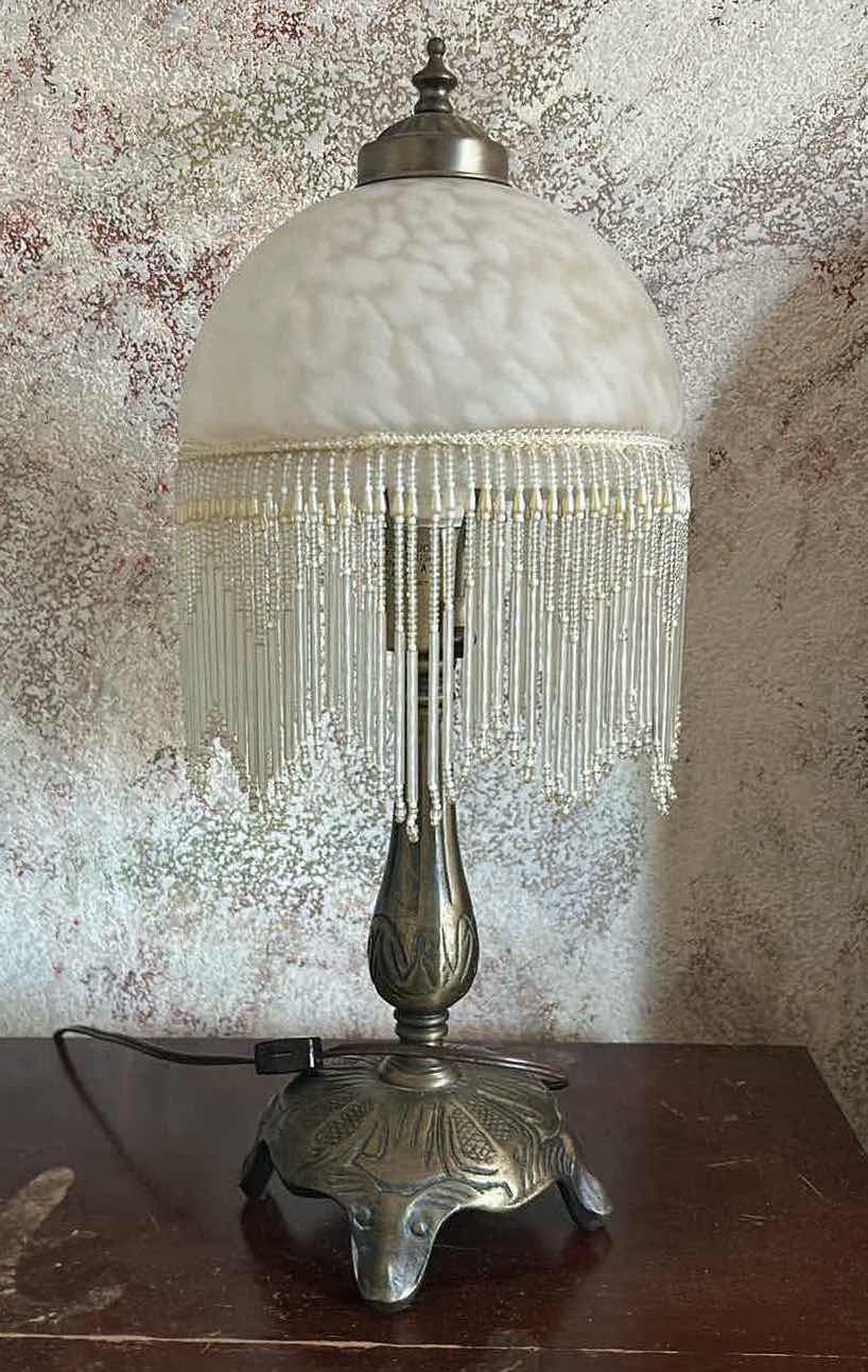 Photo 1 of VINTAGE VICTORIAN STYLE BEADED TABLE, LAMP WITH GLASS DOME, SHADE AND BEADED FRINGE TASSELS H19.5”