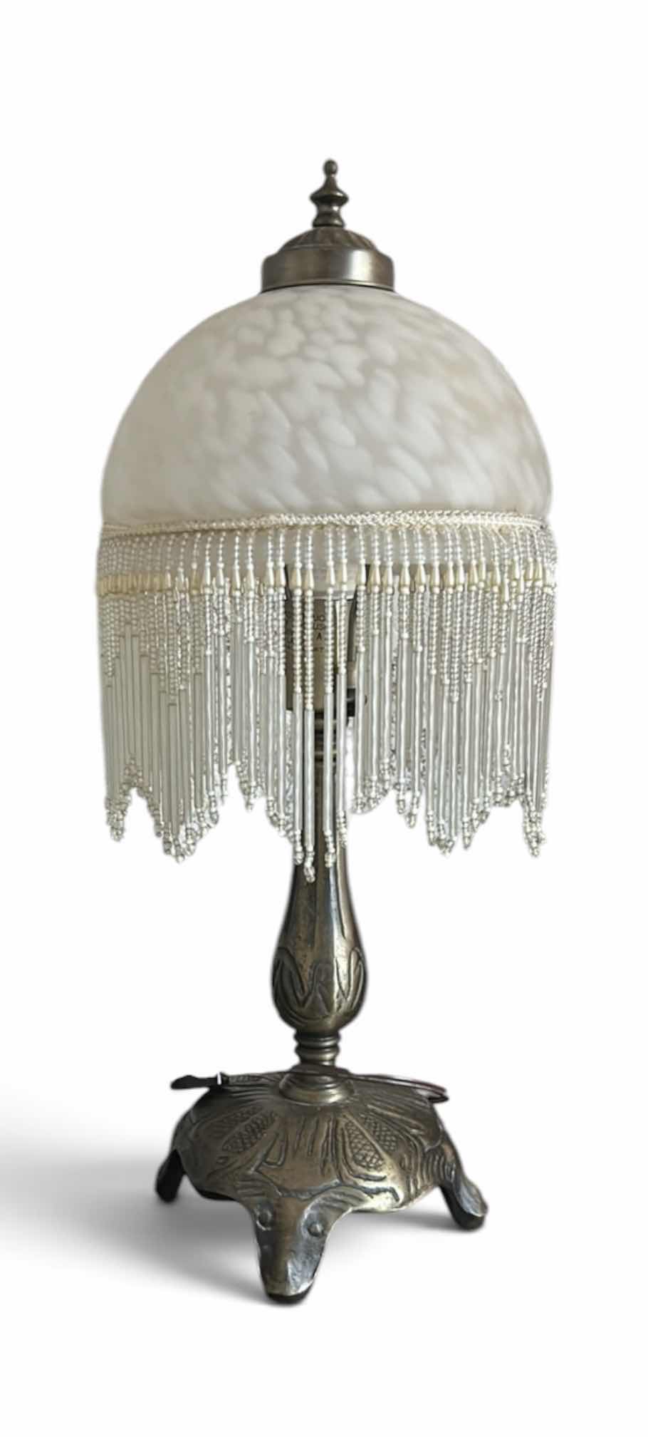 Photo 1 of VINTAGE VICTORIAN STYLE BEADED TABLE, LAMP WITH GLASS DOME, SHADE AND BEADED FRINGE TASSELS H19.5”
