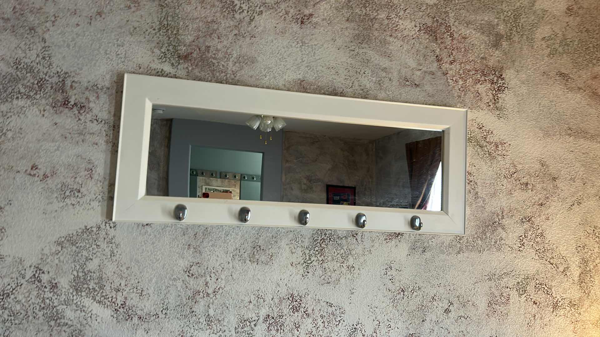 Photo 1 of DESIGN OVATION, WHITE PUB MIRROR FEATURING FIVE METAL HOOKS  36“ x H14“