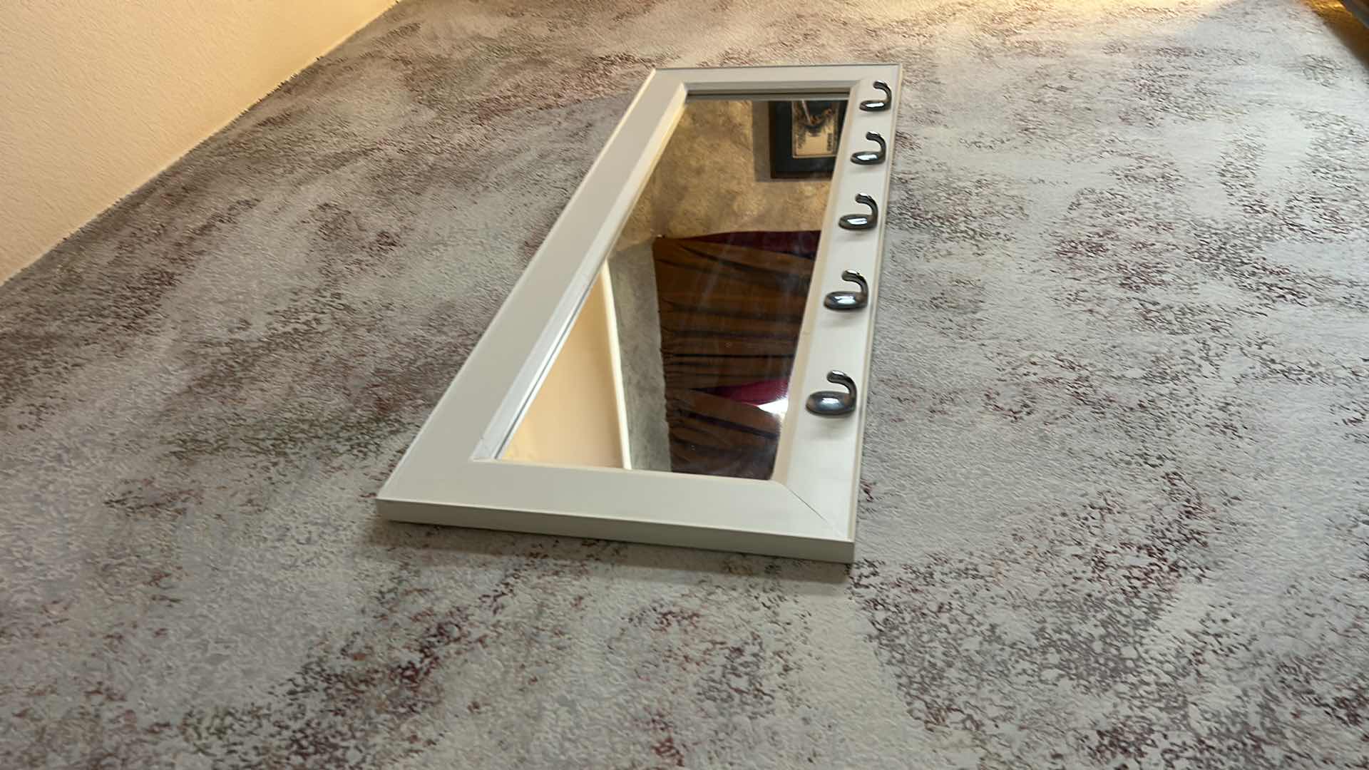 Photo 1 of DESIGN OVATION, WHITE PUB MIRROR FEATURING FIVE METAL HOOKS  36“ x H14“