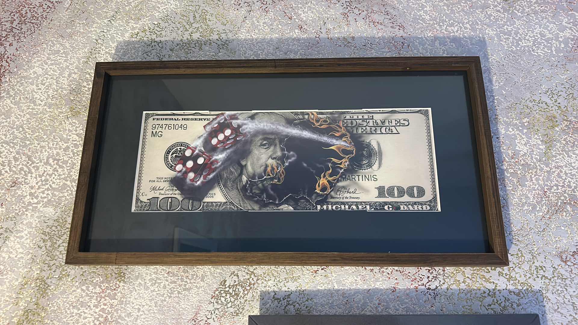Photo 1 of FRAMED ART PRINT TITLED $100 BILL WITH DICE BY ARTIST MICHAEL GODARD . ARTWORK 21“ x H11”