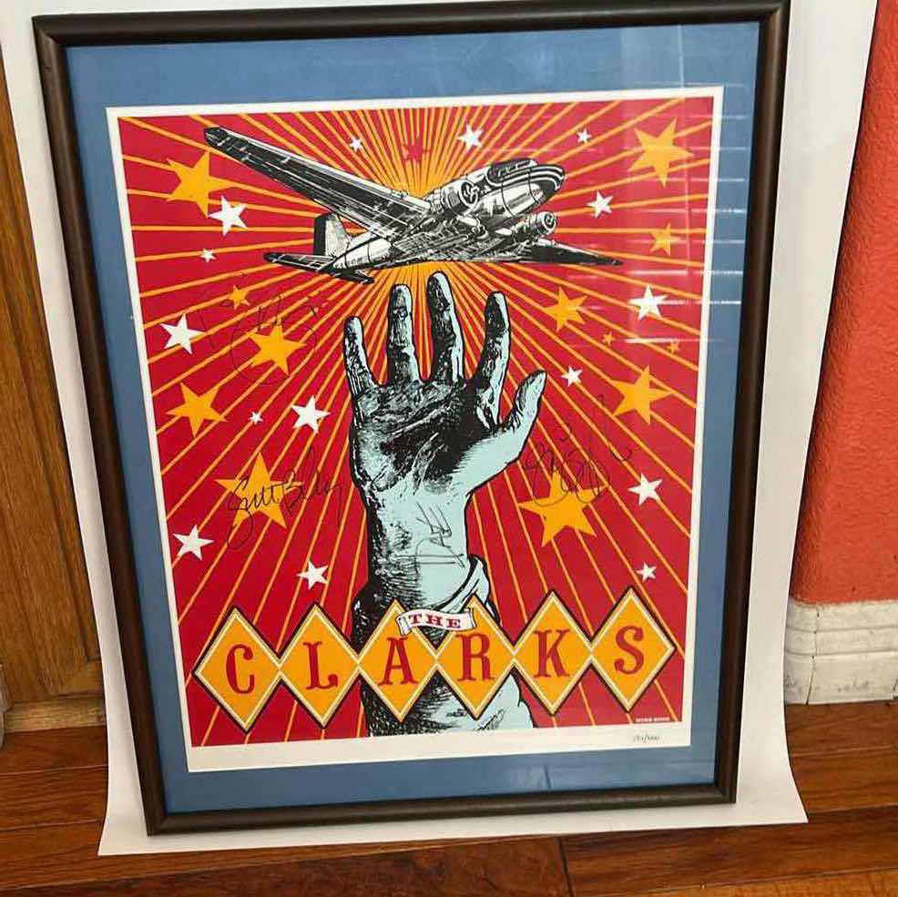 Photo 1 of FRAMED LIMITED EDITION , SIGNED BY BAND MEMBERS, POSTER FOR THE BAND THE CLARKS, ARTWORK ,WITH CD 18 1/4“ x H24 1/4“