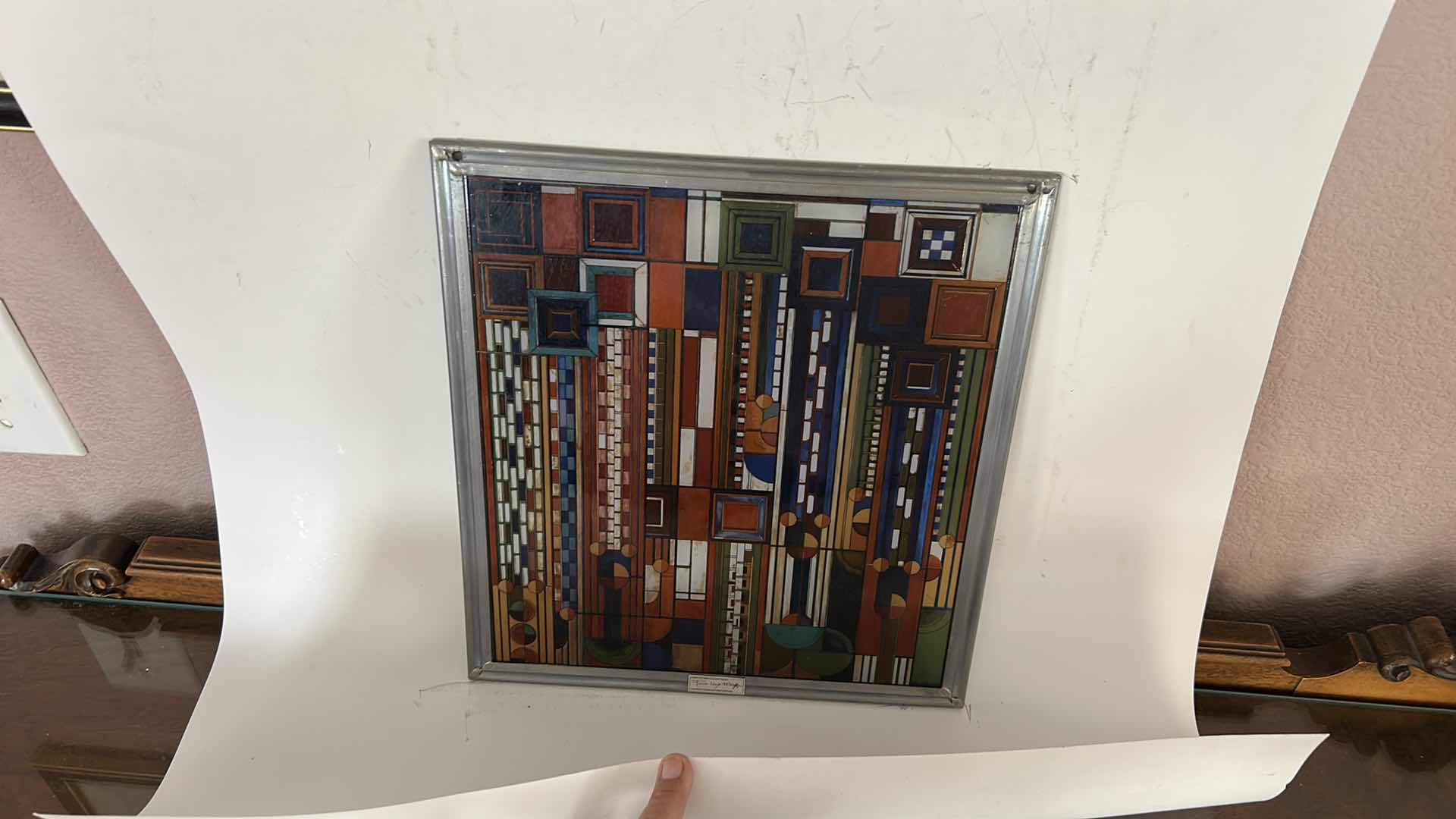 Photo 1 of FRANK LLOYD WRIGHT, SAGURO FORMS AND CACTUS FLOWERS STAIN GLASS PANEL 11” x H12”