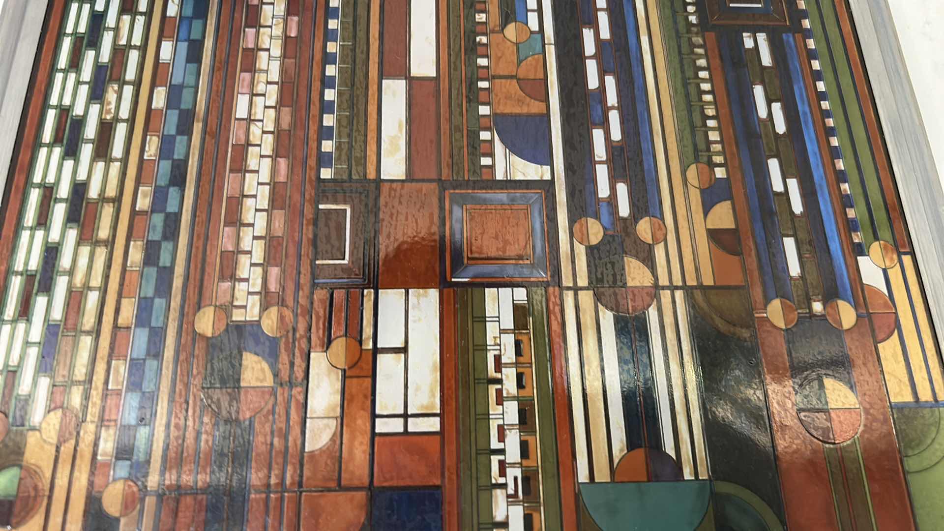 Photo 1 of FRANK LLOYD WRIGHT, SAGURO FORMS AND CACTUS FLOWERS STAIN GLASS PANEL 11” x H12”
