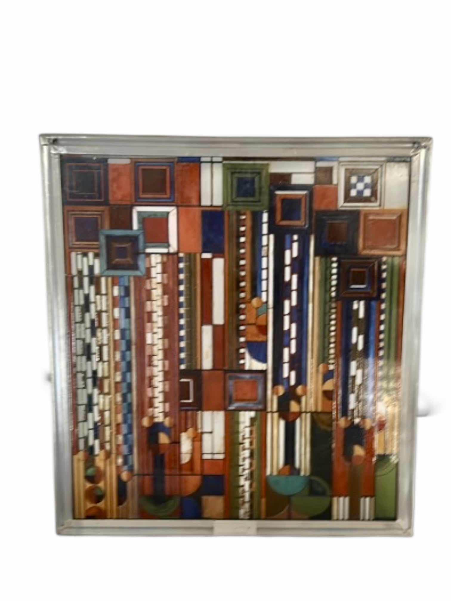 Photo 1 of FRANK LLOYD WRIGHT, SAGURO FORMS AND CACTUS FLOWERS STAIN GLASS PANEL 11” x H12”