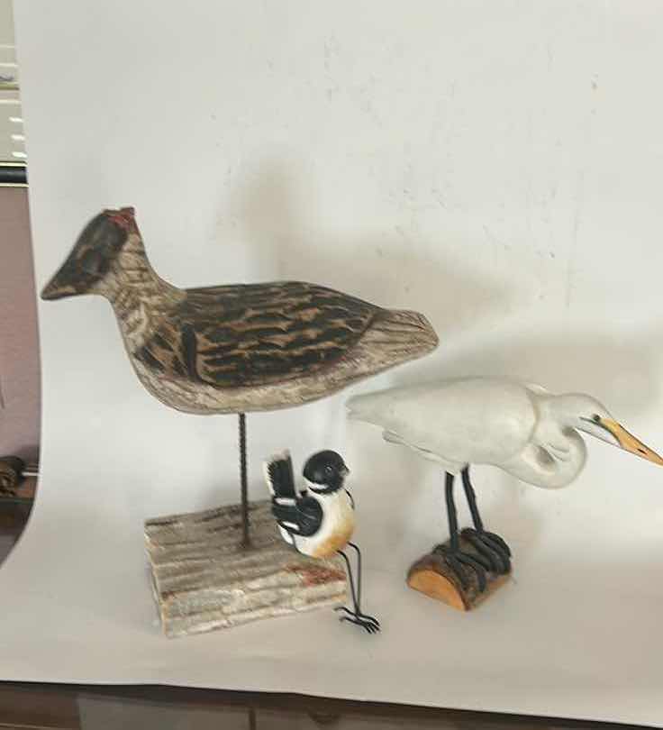 Photo 1 of THREE HAND-PAINTED WOODEN BIRD FIGURES FOR HOME DECOR, (TALLEST, 13”)