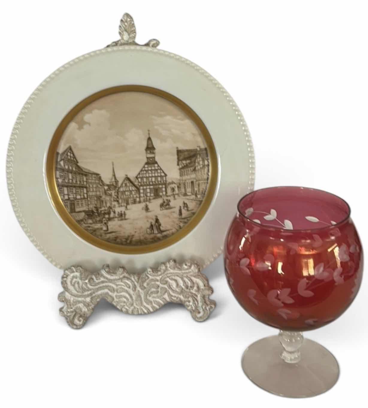 Photo 1 of VINTAGE GERMAN PORCELAIN PLATE AND VINTAGE CRANBERRY VASE