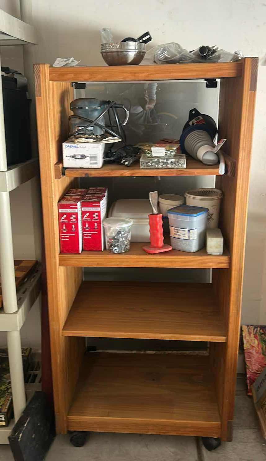 Photo 1 of ROLLING WOOD SHELVING UNIT WITH GARAGE ITEMS