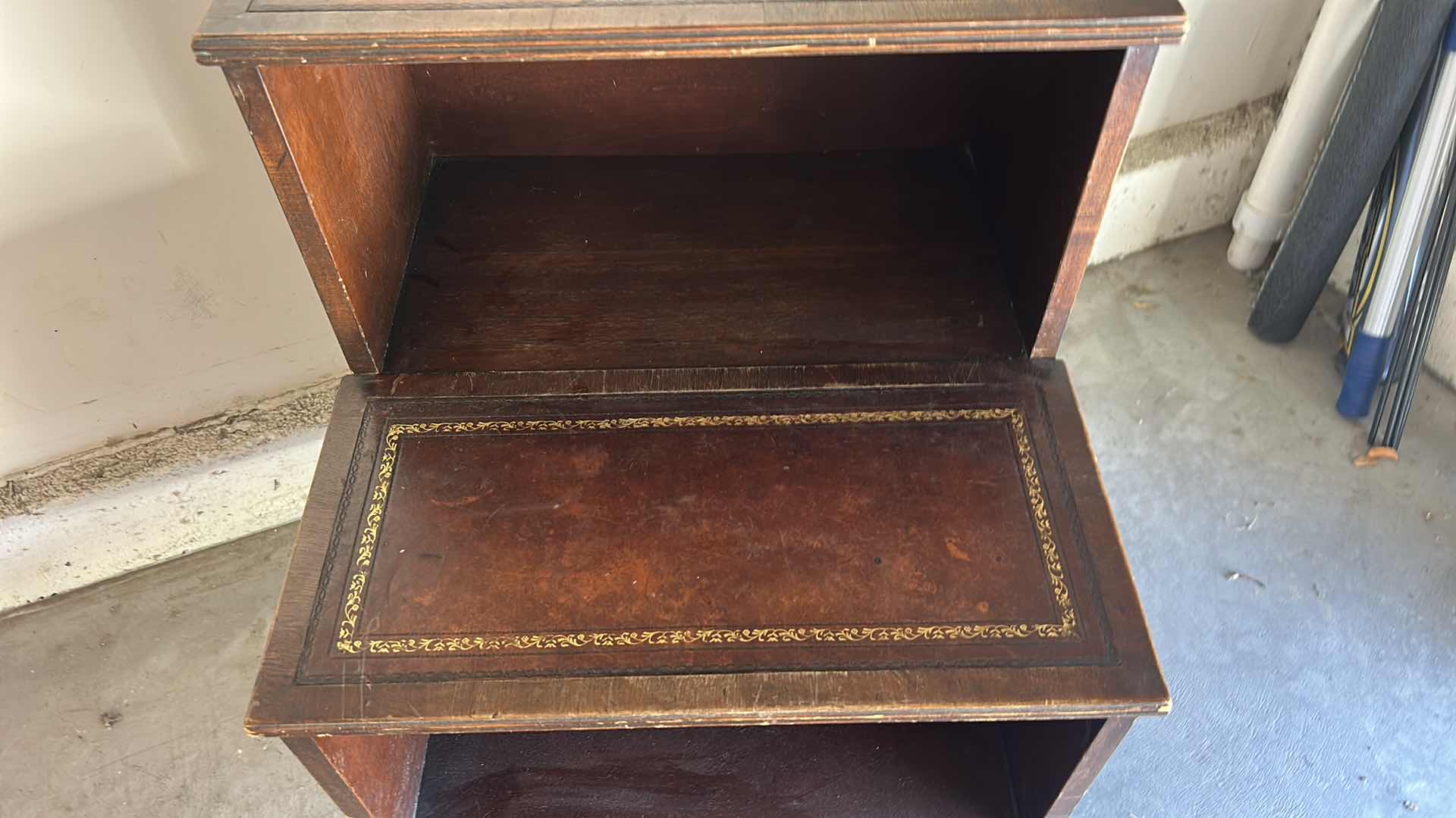 Photo 1 of VINTAGE LIBRARY OR BED STEP STOOL FEATURING INLAID LEATHER TOP, AND TURNED LEGS. 18” x 27” x H24”
