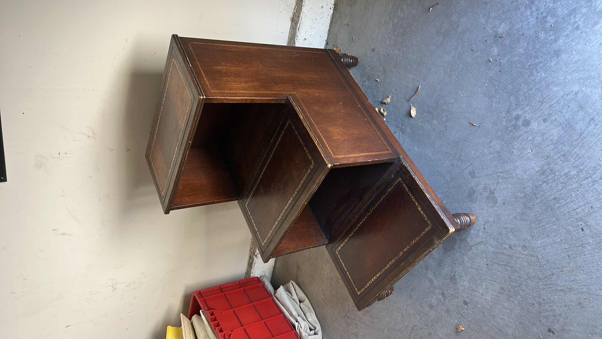 Photo 1 of VINTAGE LIBRARY OR BED STEP STOOL FEATURING INLAID LEATHER TOP, AND TURNED LEGS. 18” x 27” x H24”
