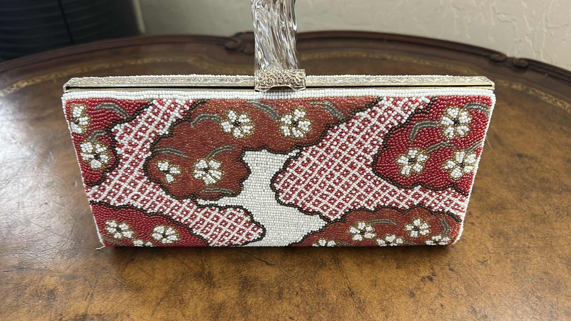 View 3 of VINTAGE JAPANESE SEED BEADED CLUTCH FEATURES AND INTRICATE RED AND WHITE CLOUD AND FLOWER MOTIF