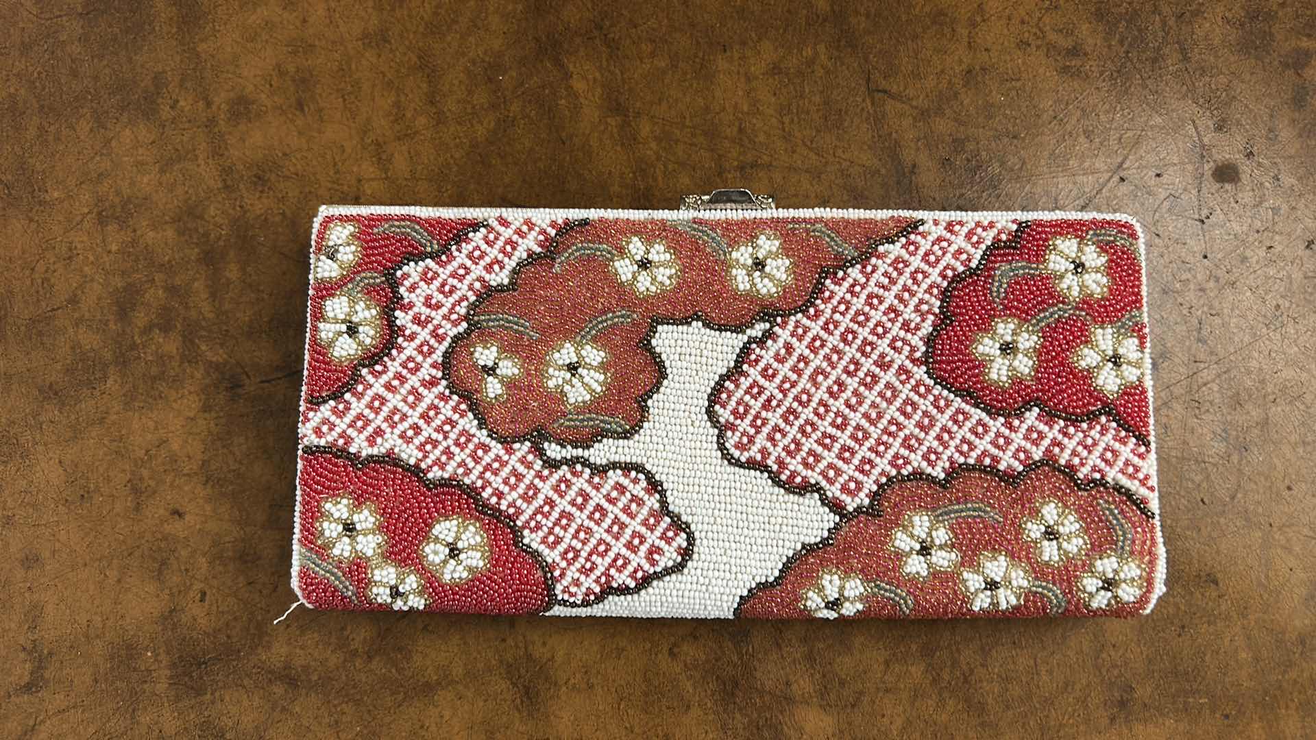 View 2 of VINTAGE JAPANESE SEED BEADED CLUTCH FEATURES AND INTRICATE RED AND WHITE CLOUD AND FLOWER MOTIF
