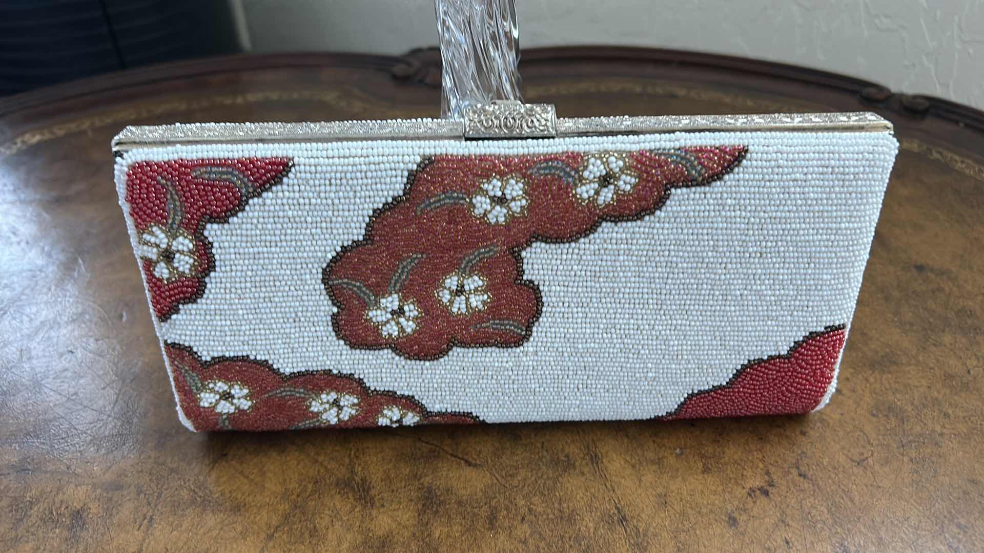View 6 of VINTAGE JAPANESE SEED BEADED CLUTCH FEATURES AND INTRICATE RED AND WHITE CLOUD AND FLOWER MOTIF
