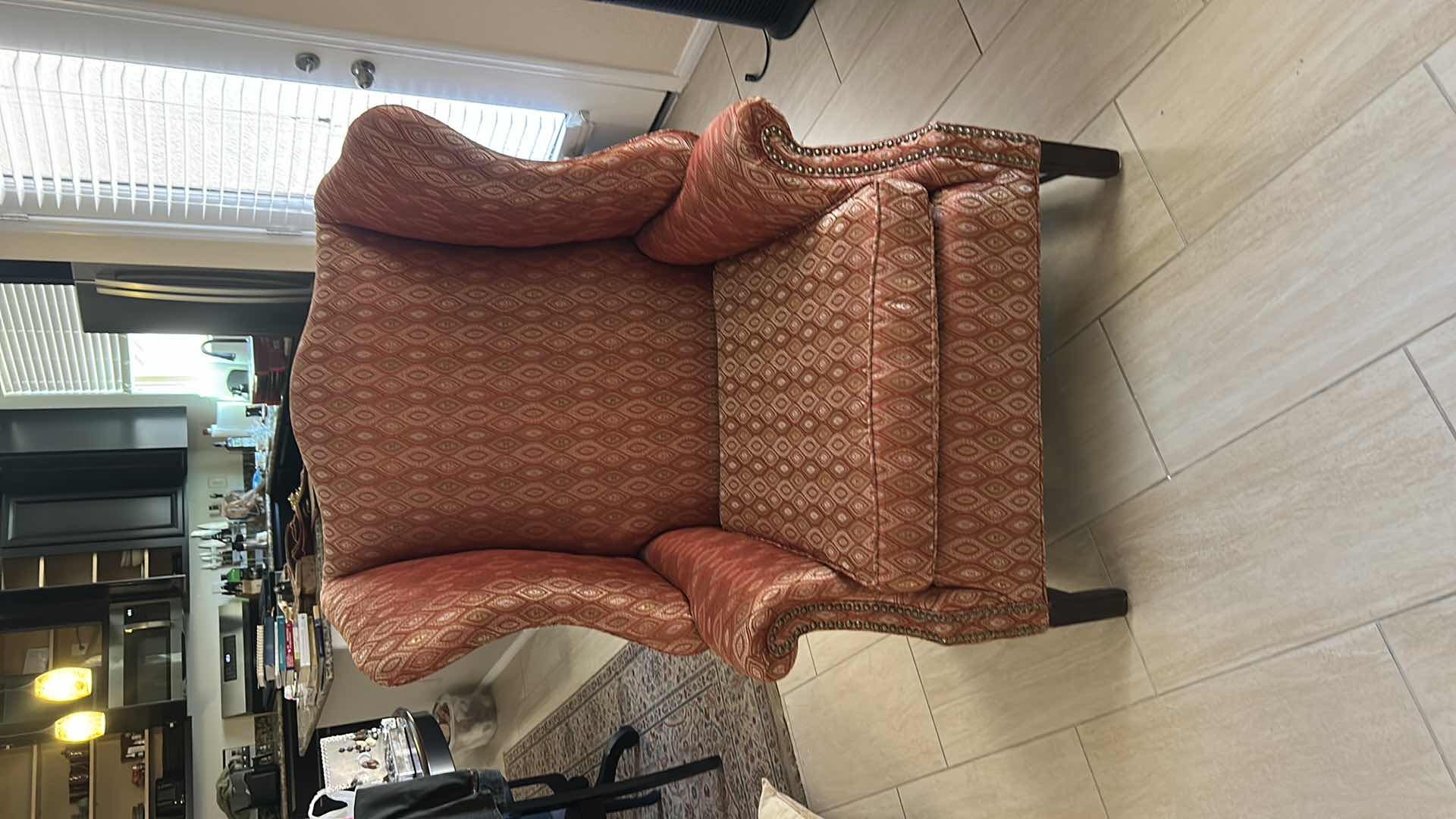 View 4 of TRADITIONAL STYLE WINGBACK CHAIR FEATURING A PATTERN, RED FABRIC AND DARK WOODEN LEGS 38“ X 35“ X H46“