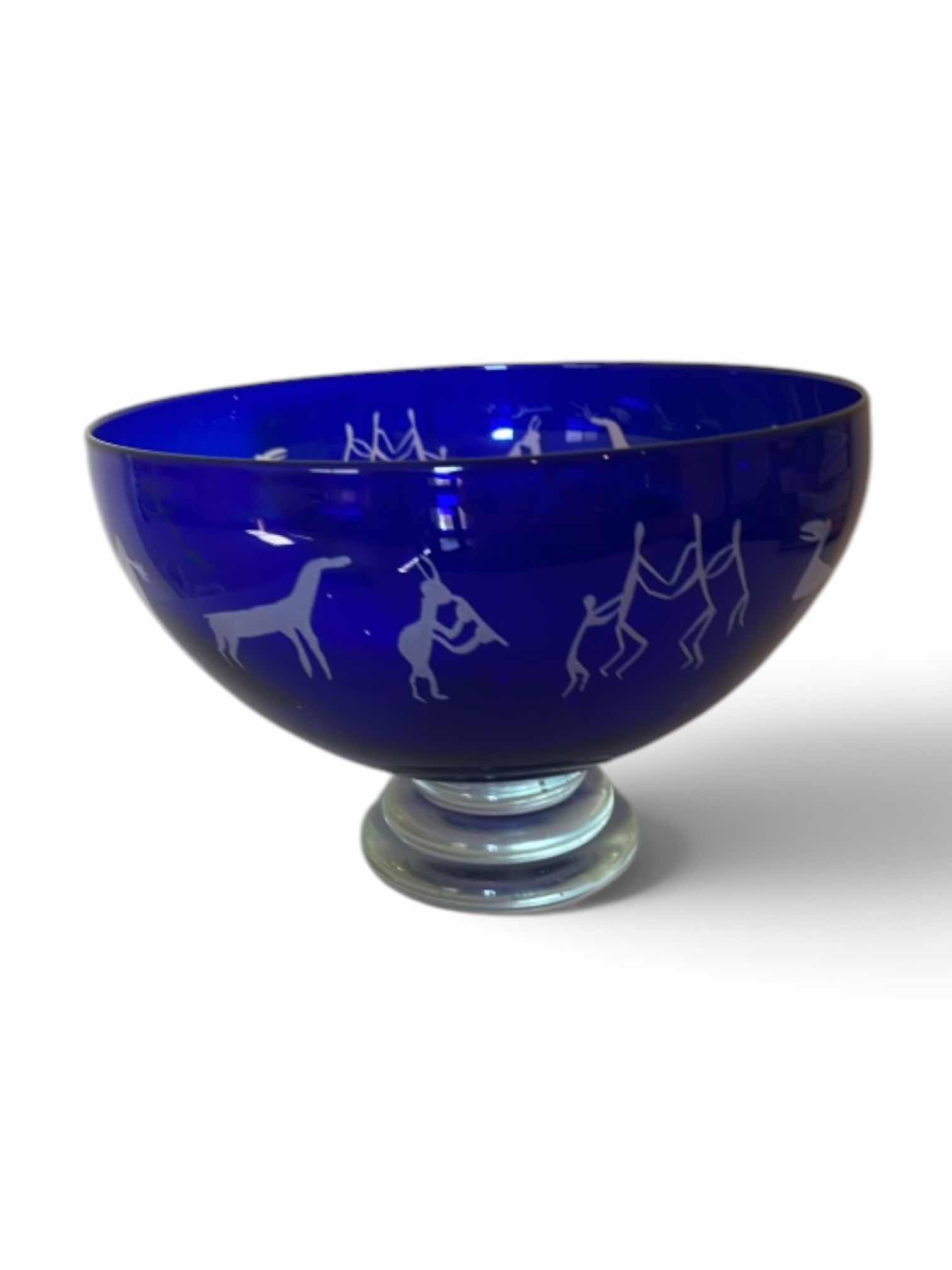 Photo 1 of STEPHEN CORREIAR GLASS BOWL FEATURING COBALT, BLUE GLASS AND ETCHED ANIMAL DESIGNS. 10 3/4 x H7 3/4