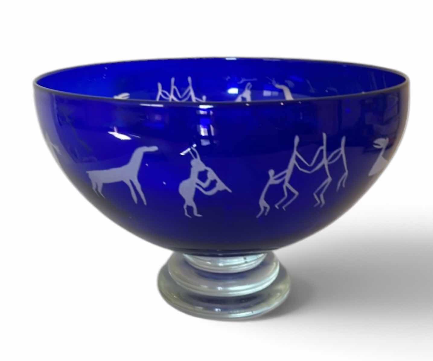 Photo 1 of STEPHEN CORREIAR GLASS BOWL FEATURING COBALT, BLUE GLASS AND ETCHED ANIMAL DESIGNS. 10 3/4 x H7 3/4