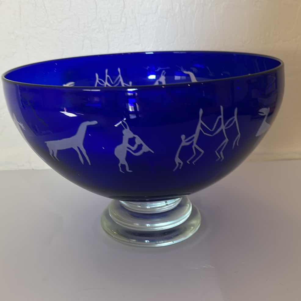 Photo 1 of STEPHEN CORREIAR GLASS BOWL FEATURING COBALT, BLUE GLASS AND ETCHED ANIMAL DESIGNS. 10 3/4 x H7 3/4