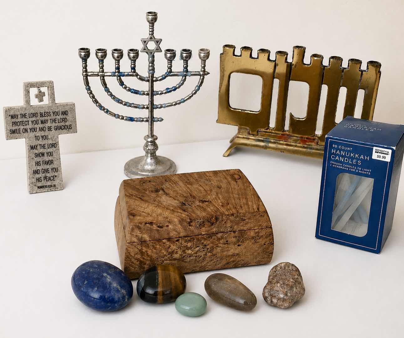Photo 1 of 2 MENORAHS, CROSS, WOOD BOX WITH POLISHED STONE AND CANDLES