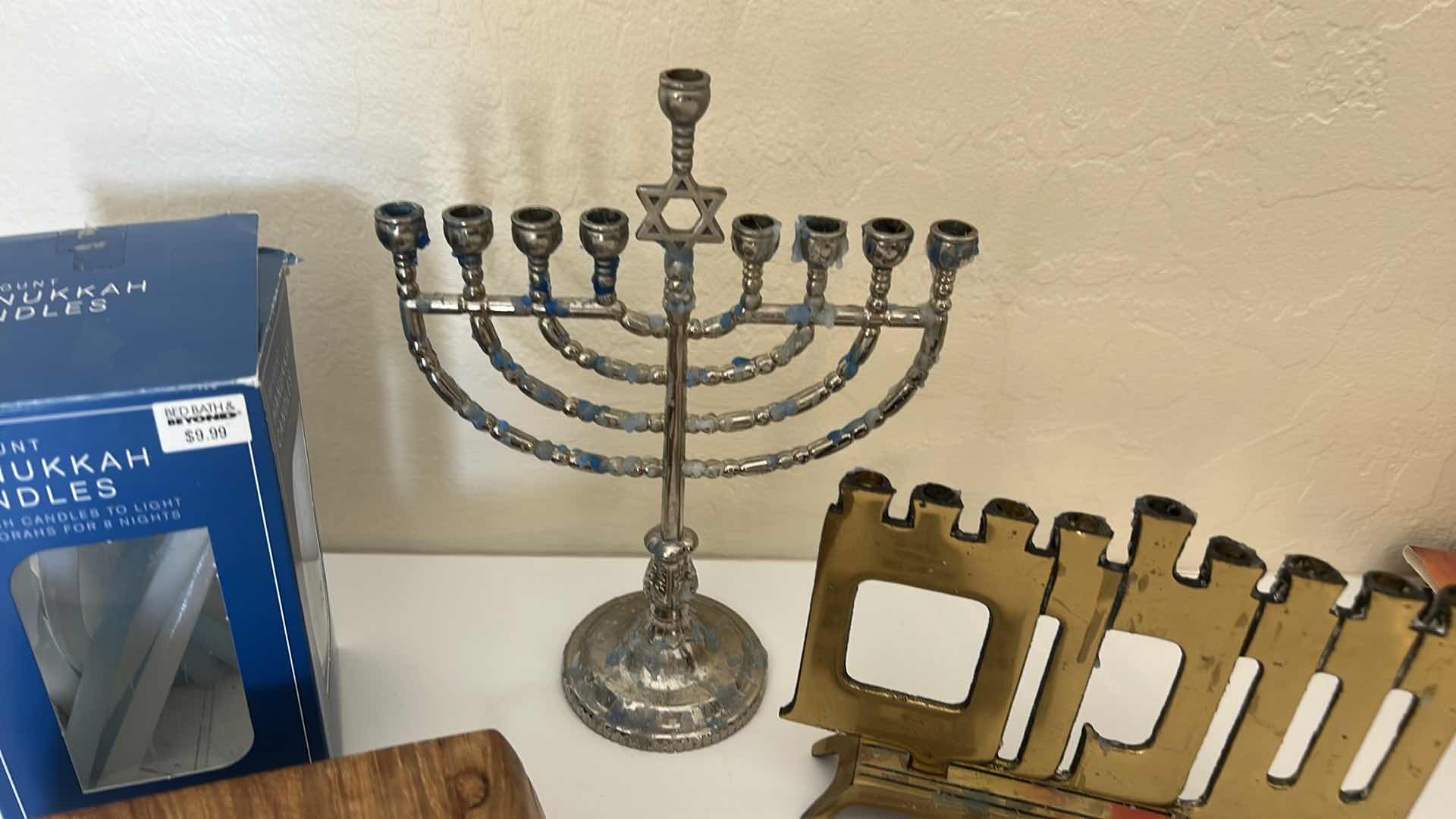 Photo 1 of 2 MENORAHS, CROSS, WOOD BOX WITH POLISHED STONE AND CANDLES