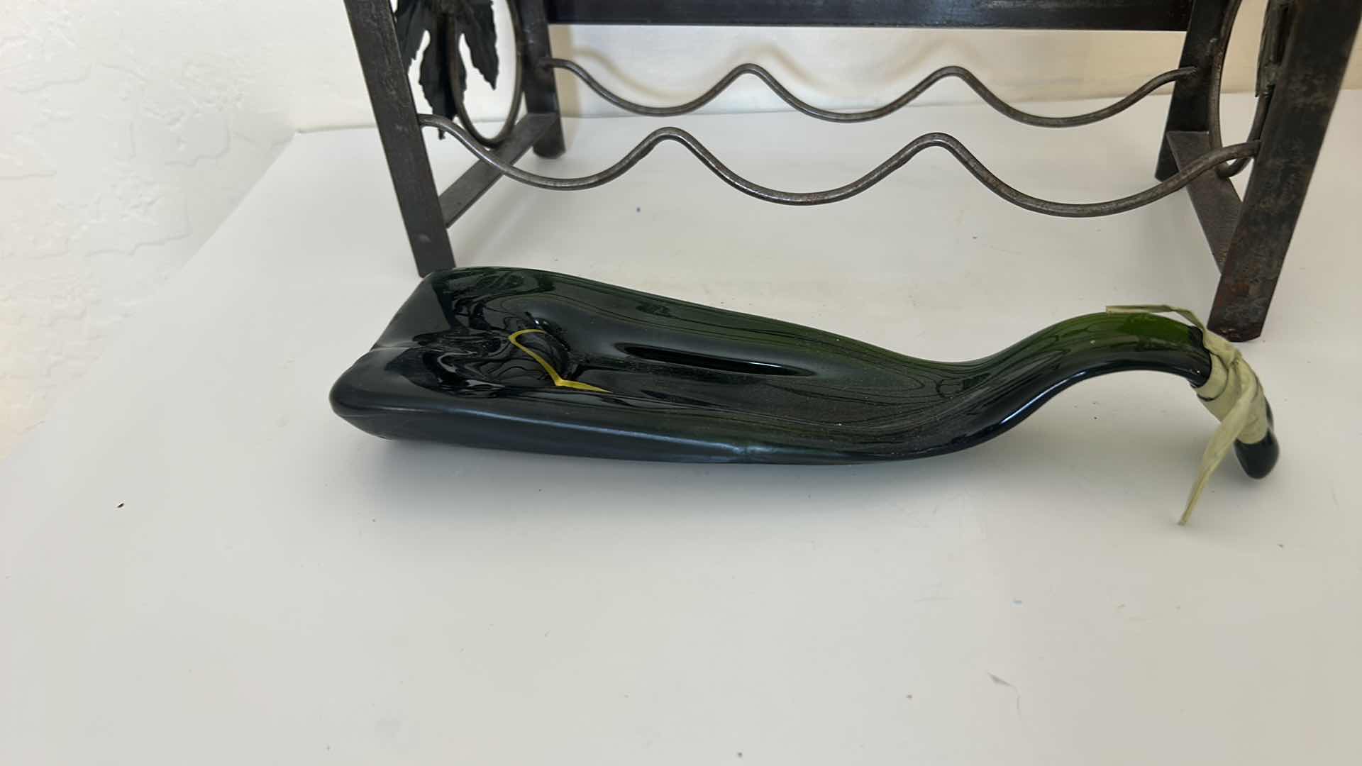 Photo 1 of METAL WINE BOTTLE RACK, AND GLASS WINE BOTTLE HOLDER, 14 1/4” x 7 1/4” x 14”