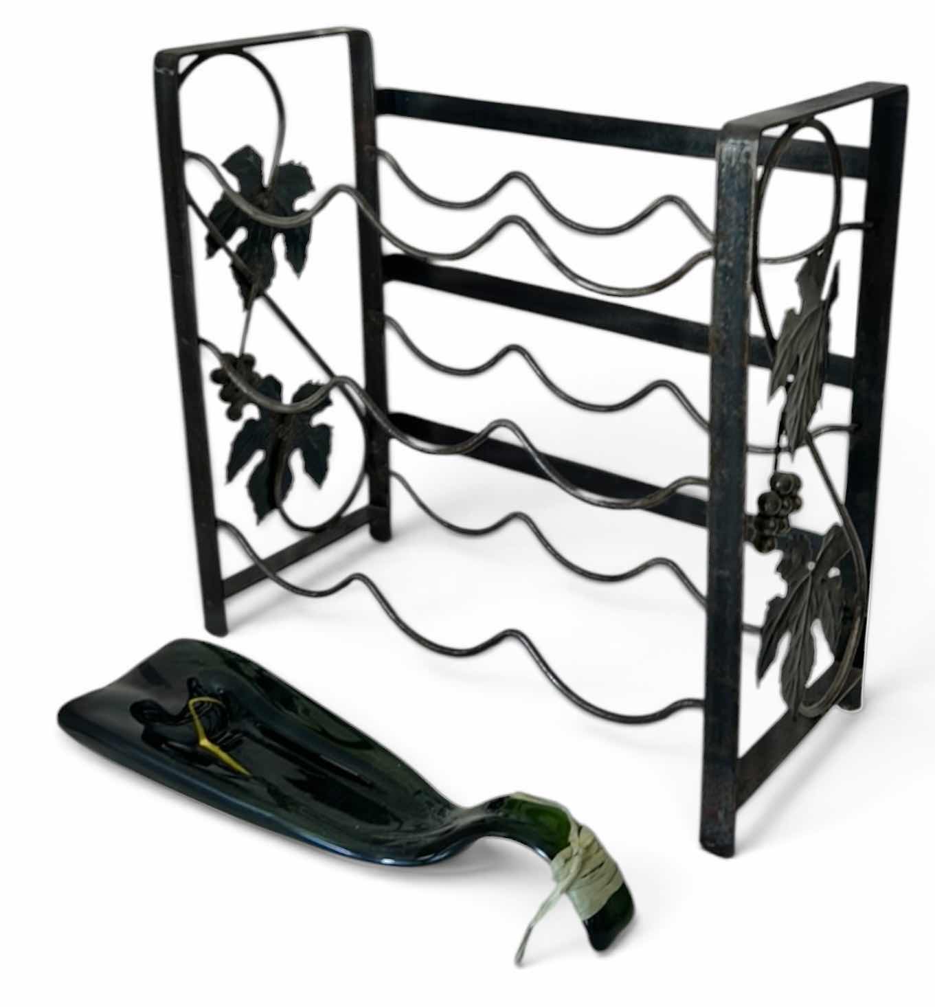 Photo 1 of METAL WINE BOTTLE RACK, AND GLASS WINE BOTTLE HOLDER, 14 1/4” x 7 1/4” x 14”