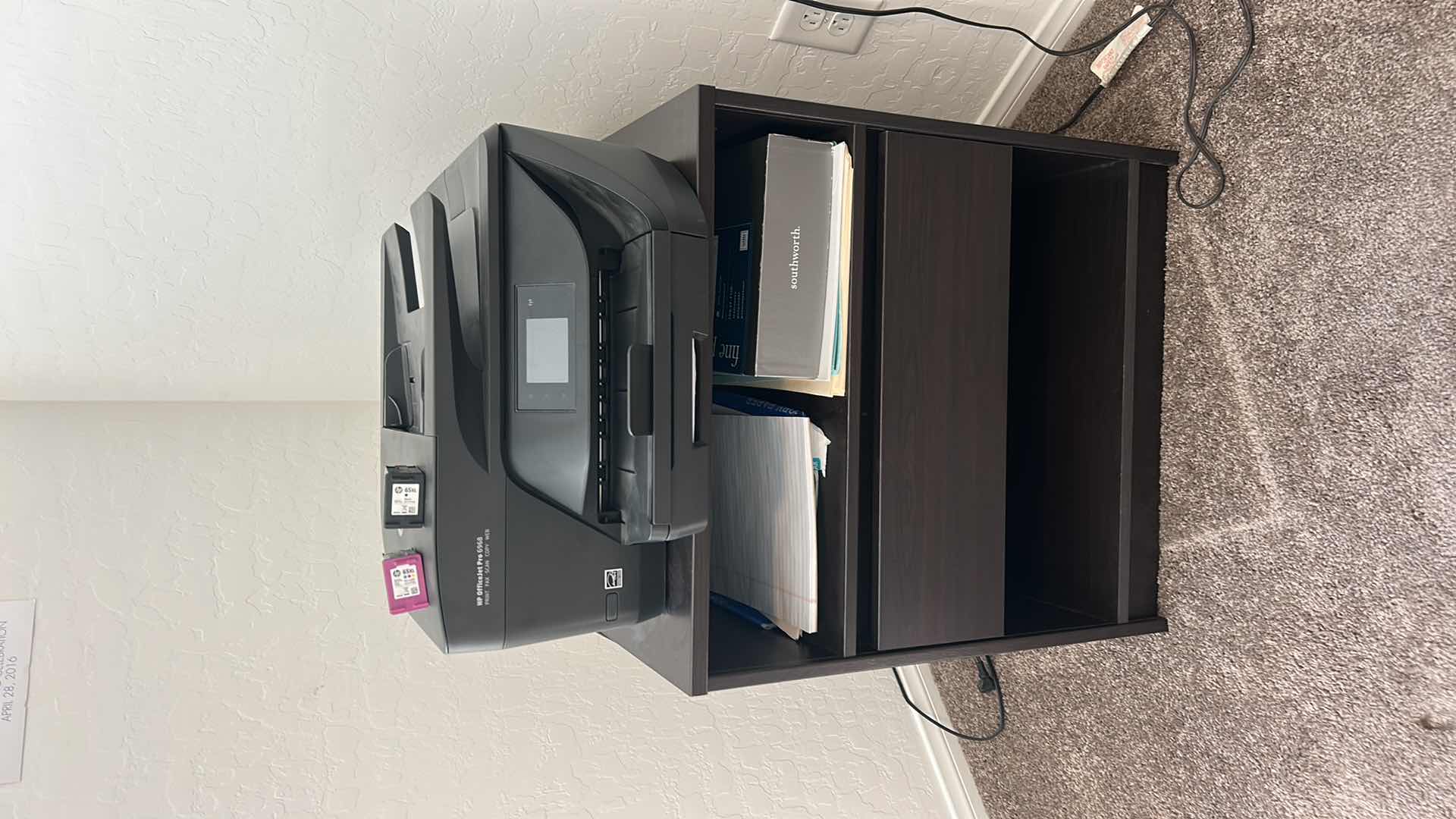 Photo 1 of HP OFFICEJET PRO PRINTER, AND WOOD UNIT WITH OFFICE SUPPLIES AND COPY PAPER