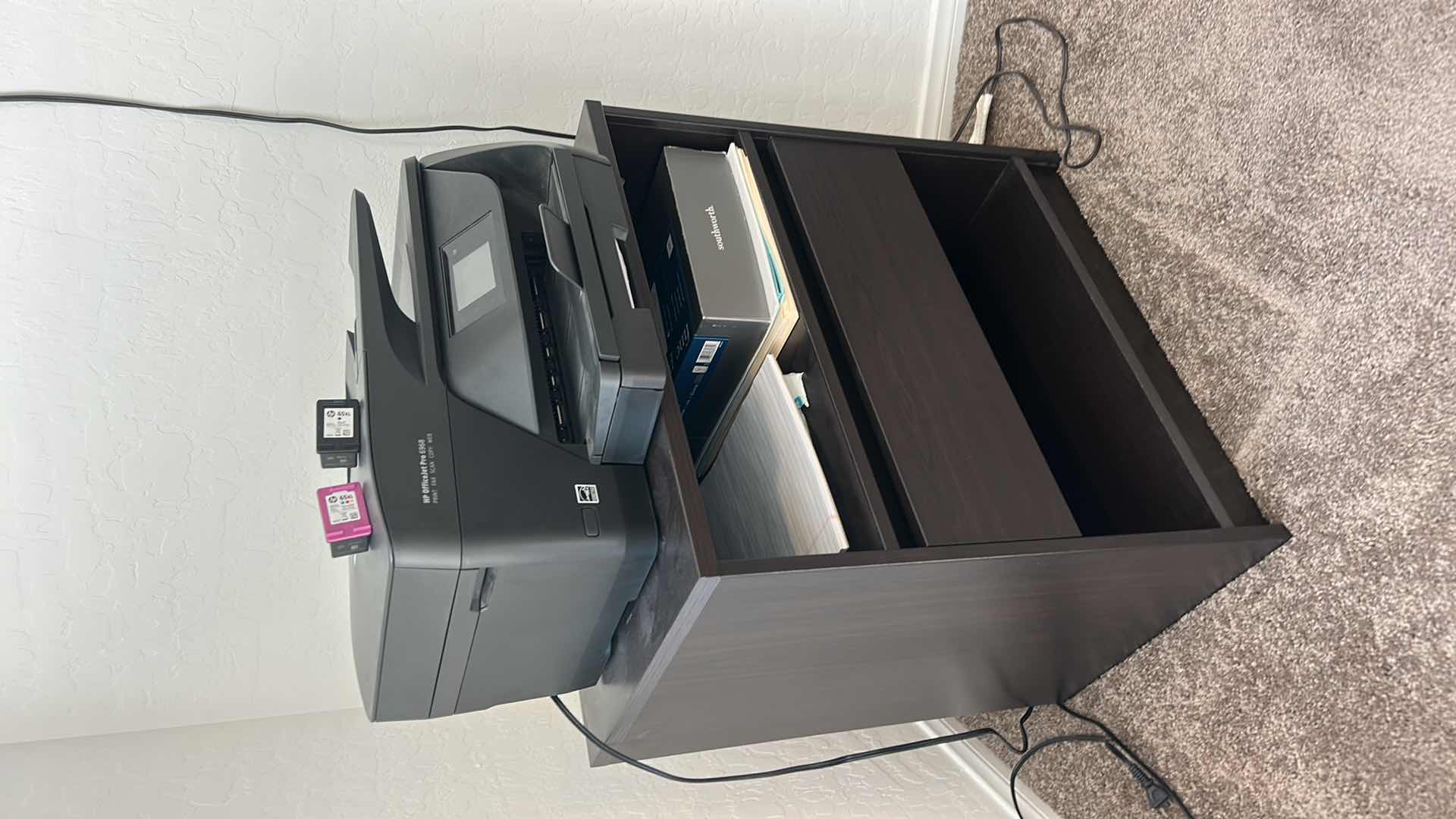 Photo 1 of HP OFFICEJET PRO PRINTER, AND WOOD UNIT WITH OFFICE SUPPLIES AND COPY PAPER