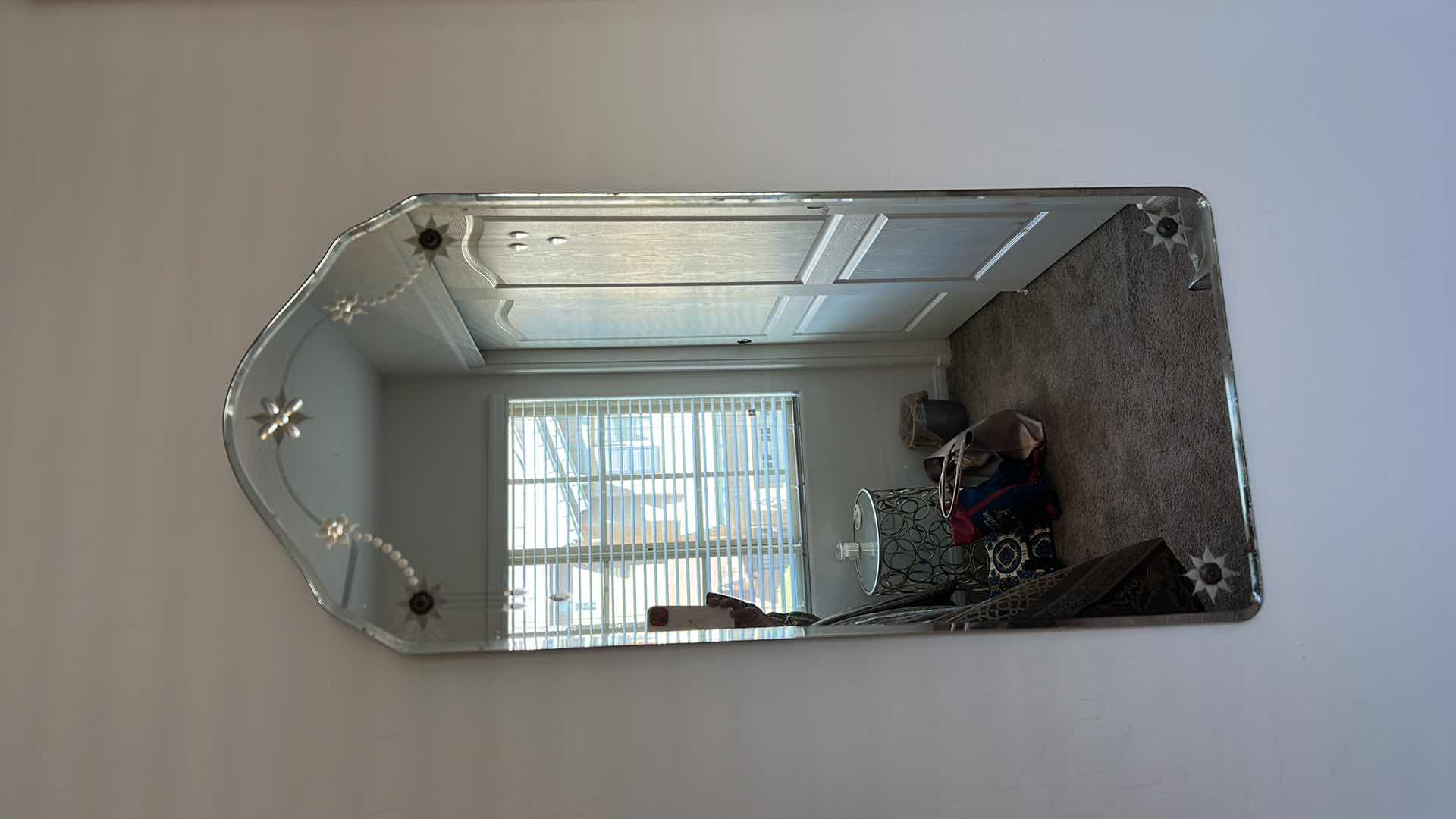 Photo 1 of ART DECO MIRROR FEATURING A DISTINCTIVE FRAMELESS DESIGN WITH A SCALLOP ARCHED TOP AND DELICATE STARBURST ETCHING 16“ x H35 1/2“ $300 - $600+