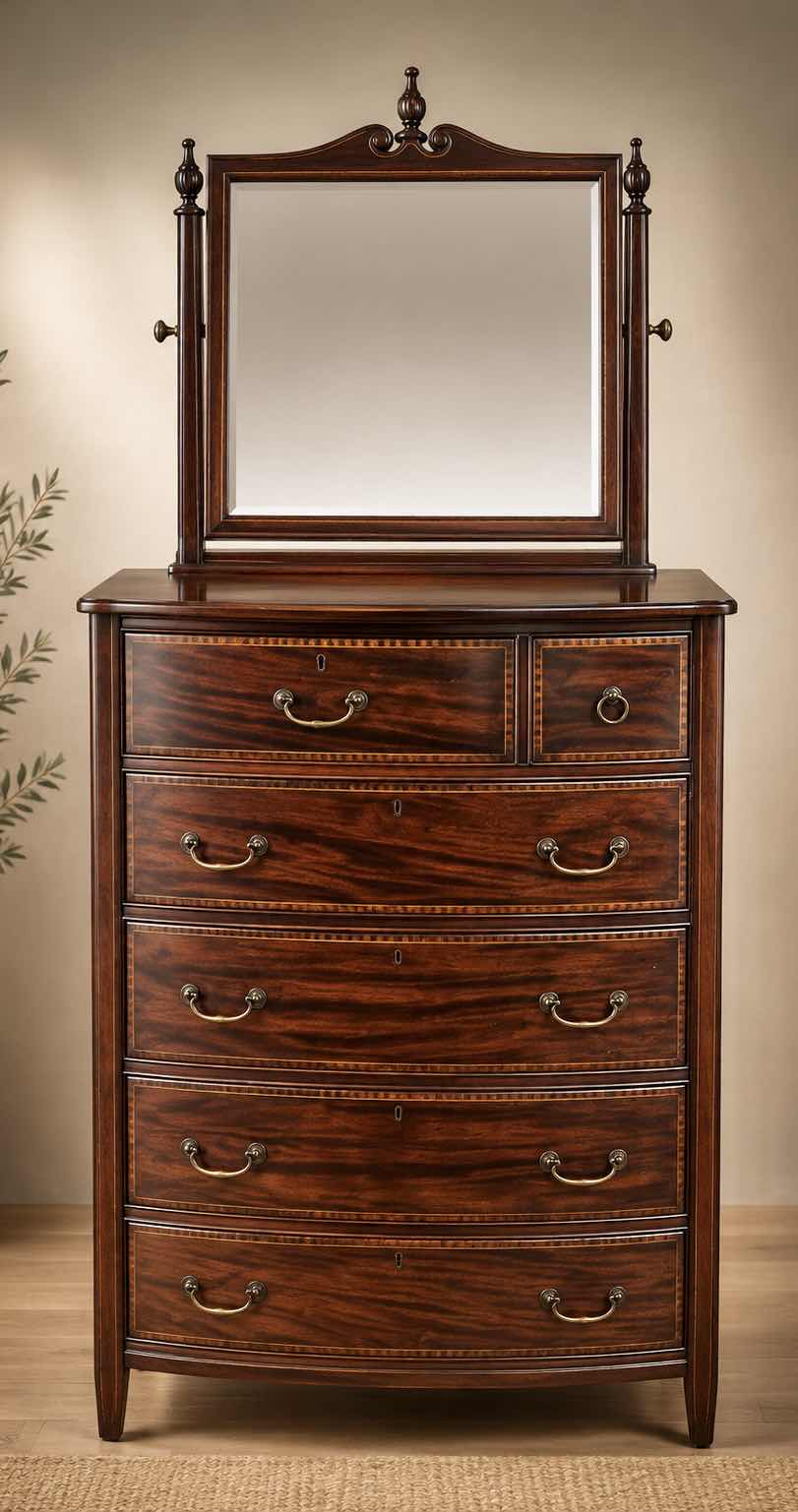 Photo 1 of VINTAGE AMERICAN FEDERAL REVIVAL STYLE BOWFRONT CHEST OF DRAWERS WITH AN ACCOMPANYING ATTACHED TILT MIRROR. RICHLY STAINED MAHOGANY VENEERS DECORATED WITH A DISTINCTIVE "BARBER POLE" CHECKERED BAND INLAY ALONG THE BORDERS OF THE DRAWERS. EXPERTLY CRAFTED 