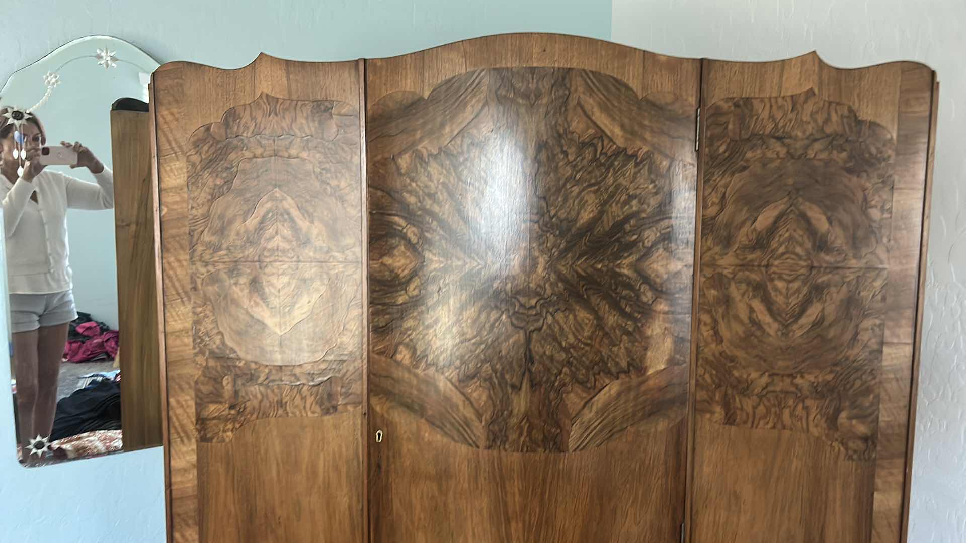 Photo 1 of 1930s ART DECO TRIPLE WARDROBE FEATURES A BOOK MATCHED WALNUT VENEER WITH A CLASSIC ARCHED “CLOUD”TOP SILHOUETTE AND CABRIOLE FEET. $1500 - $2500