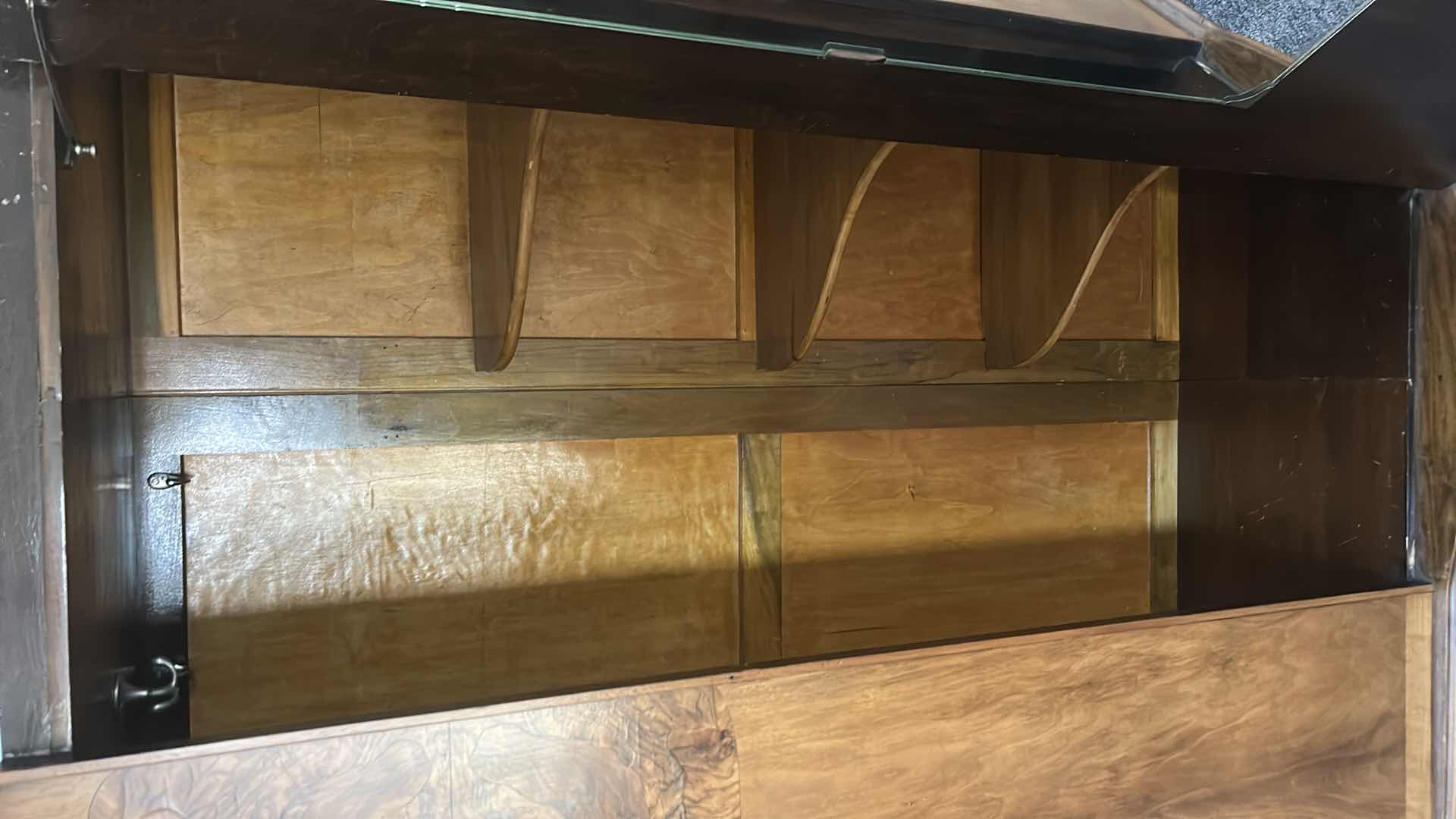 Photo 1 of 1930s ART DECO TRIPLE WARDROBE FEATURES A BOOK MATCHED WALNUT VENEER WITH A CLASSIC ARCHED “CLOUD”TOP SILHOUETTE AND CABRIOLE FEET. $1500 - $2500
