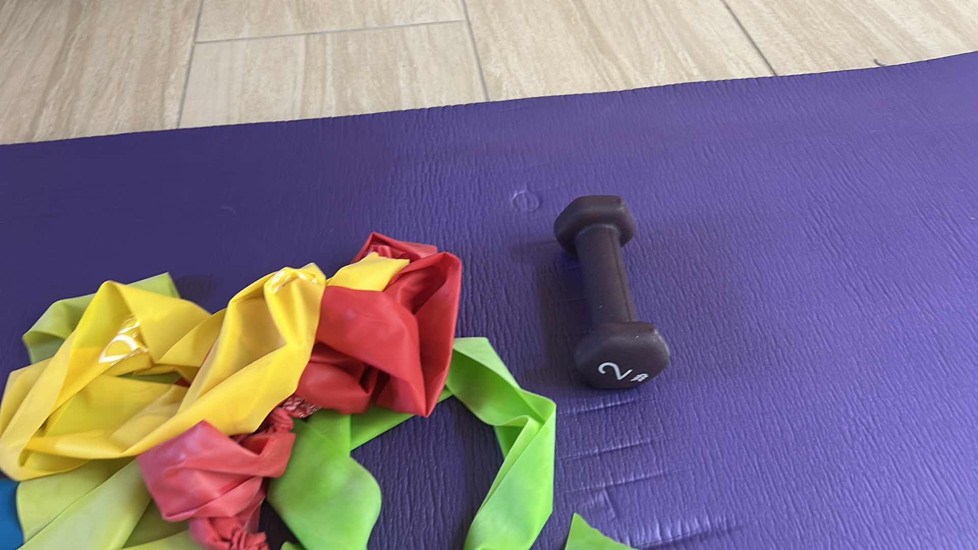 Photo 1 of EXERCISE MAT, RESISTANCE BANDS, AND 2 lb WEIGHT