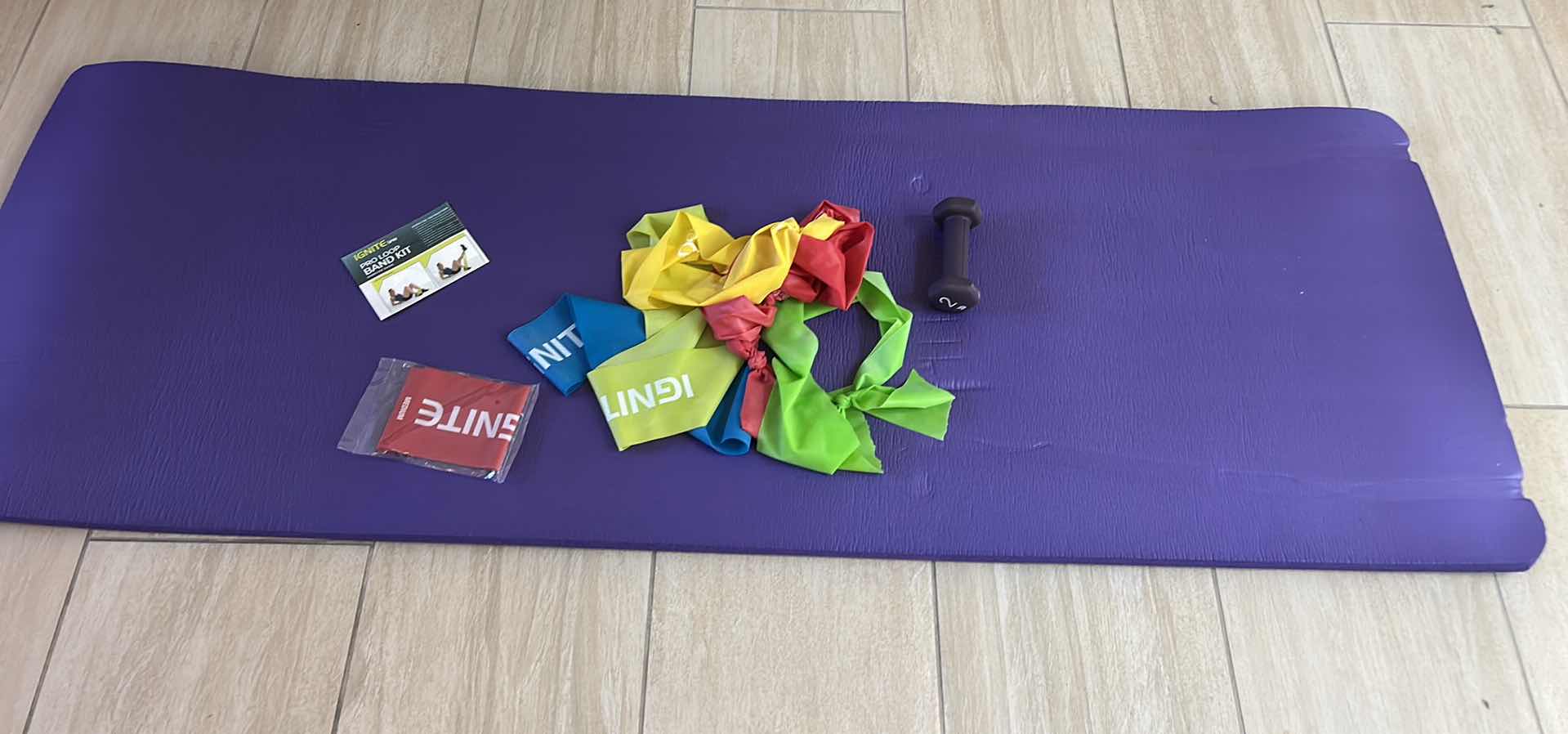 Photo 1 of EXERCISE MAT, RESISTANCE BANDS, AND 2 lb WEIGHT