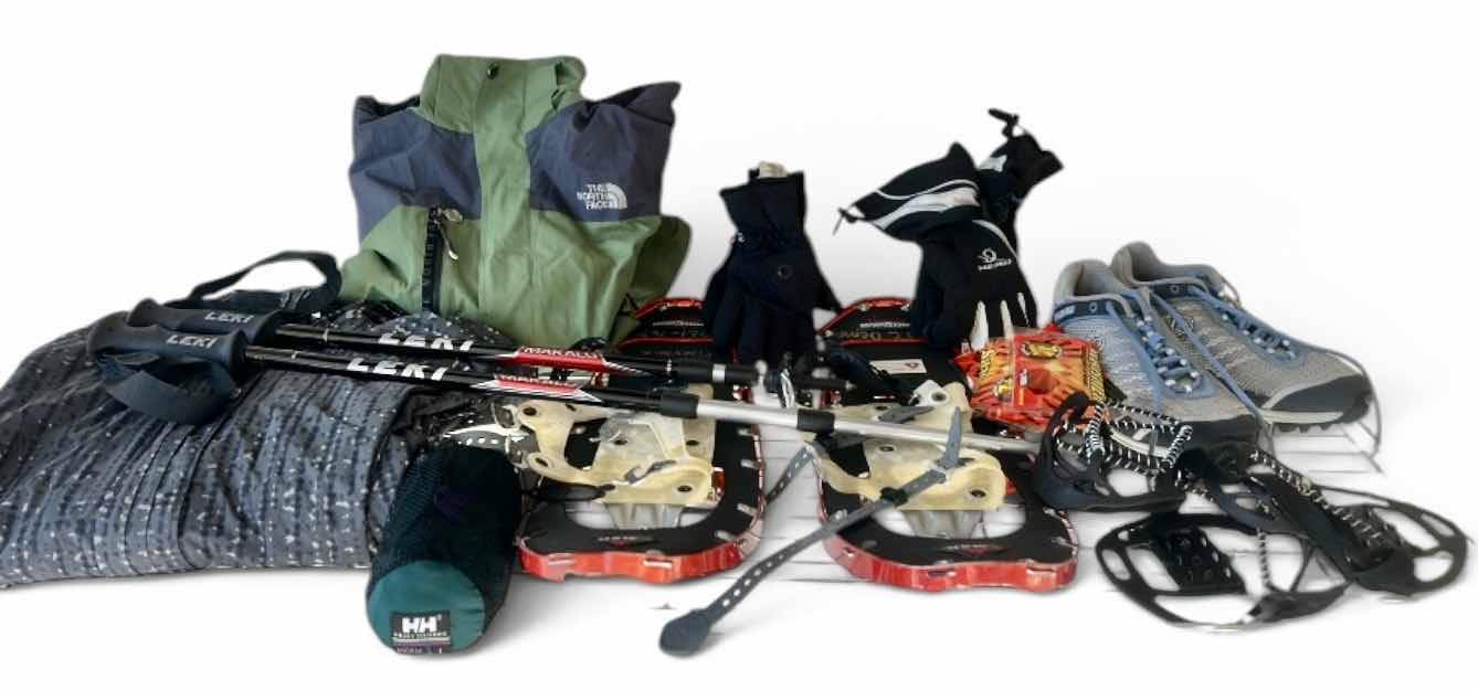 Photo 1 of SNOW SHOES, POLES AND GLOVES, WINTER GARMENTS, AND MORE (SIZE 10 SHOES)
