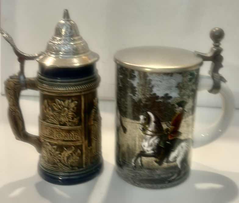 Photo 1 of 2  VINTAGE WEST GERMAN CERAMIC BEER STEINS ( TALLEST H7.5”)