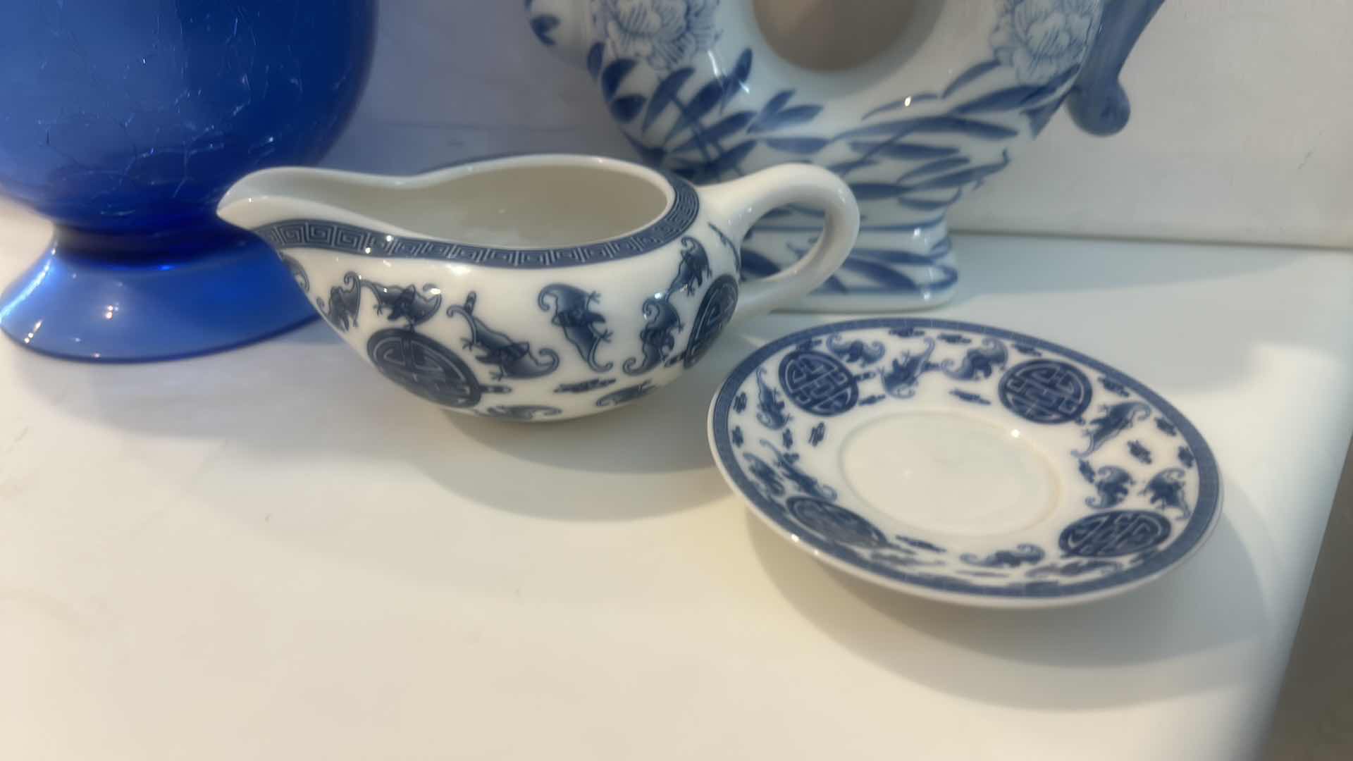 View 4 of MID-CENTURY ART GLASS W ASIAN STYLE TRANSFERWARE & CHINOISERIE CERAMICS  H10.25 $100