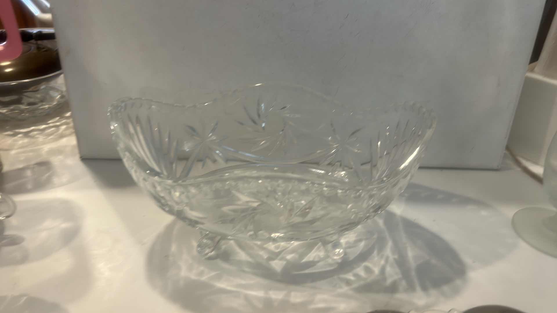 Photo 1 of VINTAGE GLASSWARE – GONDOLA BOAT DISH, ETCHED BUD VASE H9” & MORE