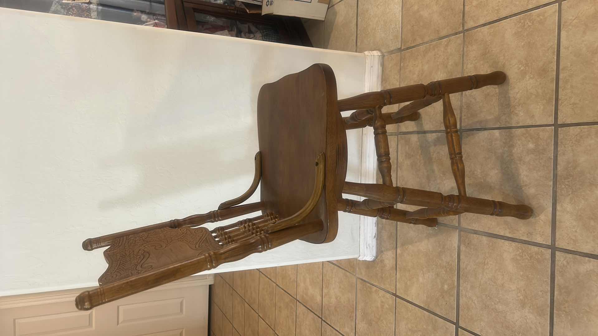 Photo 1 of VINTAGE OAK SWIVEL BARSTOOL WITH ORNATE PRESSBACK CARVED DESIGN ON BACKREST 17“ x 16“ x H42“ SEAT HEIGHT  24”