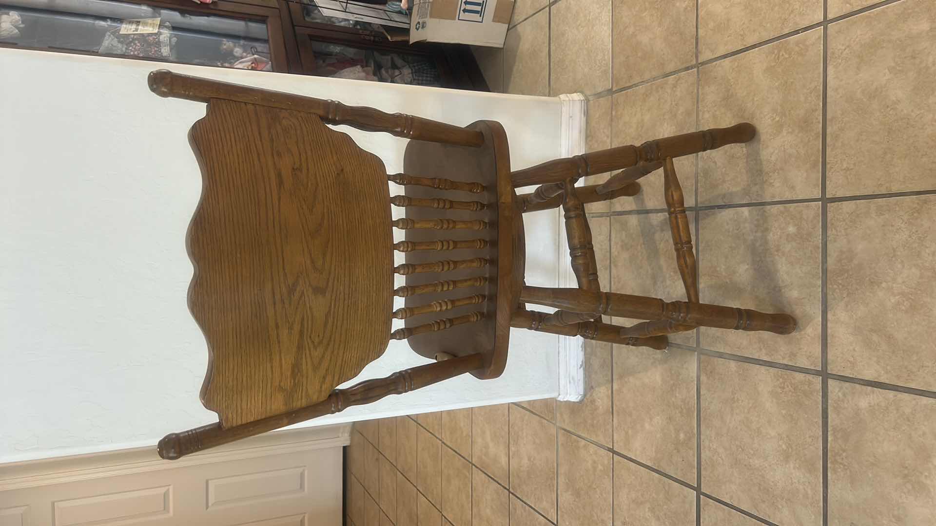 Photo 1 of VINTAGE OAK SWIVEL BARSTOOL WITH ORNATE PRESSBACK CARVED DESIGN ON BACKREST 17“ x 16“ x H42“ SEAT HEIGHT  24”