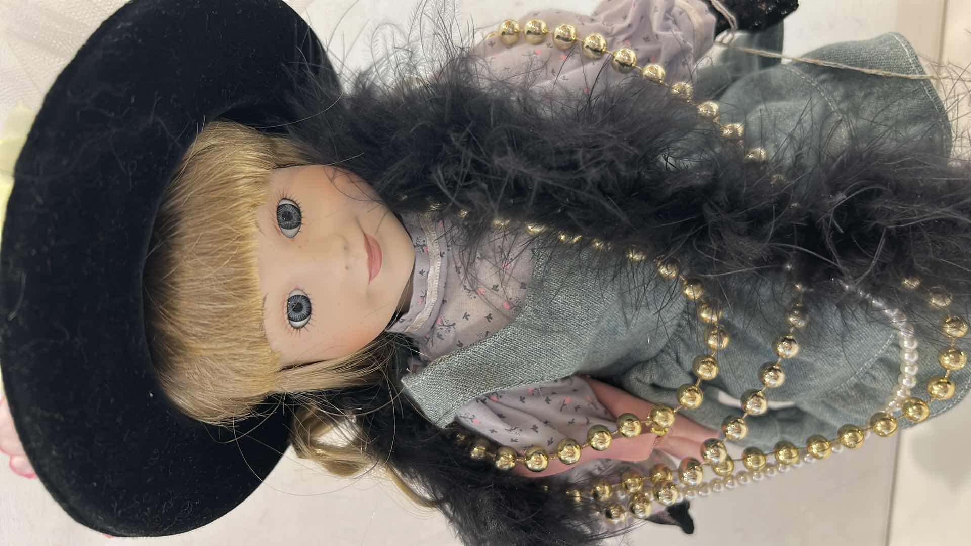 Photo 1 of VINTAGE "LITTLE GIRL PLAYING DRESS UP" MUSICAL PORCELAIN DOLL (NAMED "CASEY"), H14” $50