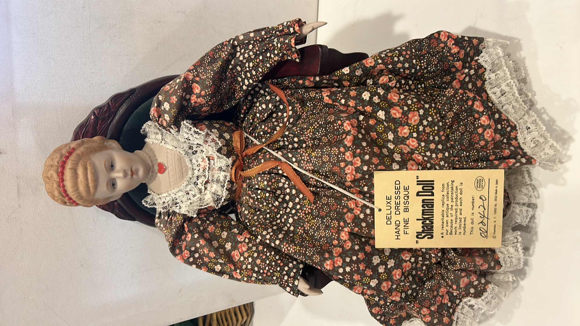 Photo 1 of VINTAGE SHACKMAN DELUXE HAND DRESSED FINE BISQUE REPLICA DOLL H 19” W CHAIR $65