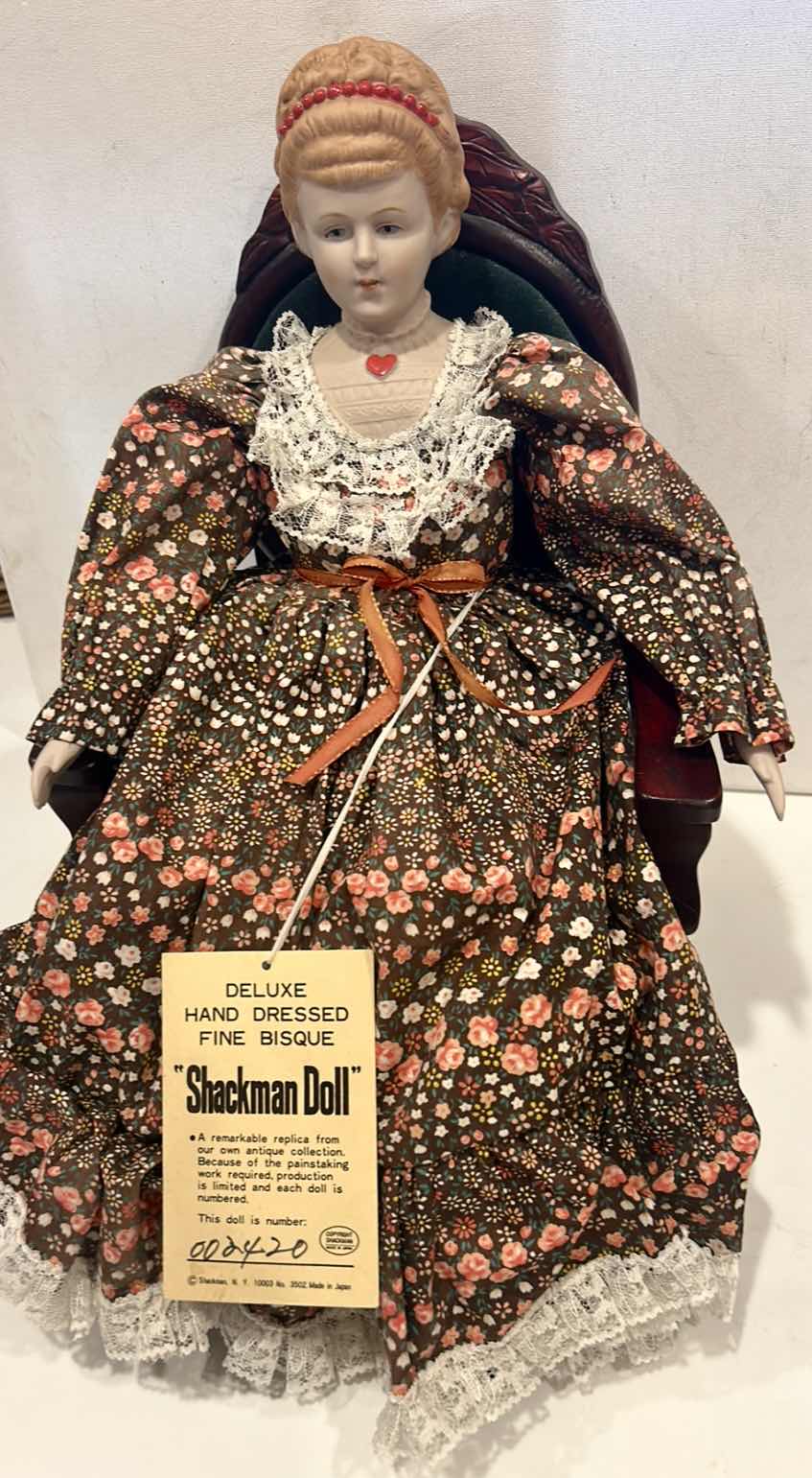 Photo 1 of VINTAGE SHACKMAN DELUXE HAND DRESSED FINE BISQUE REPLICA DOLL H 19” W CHAIR $65