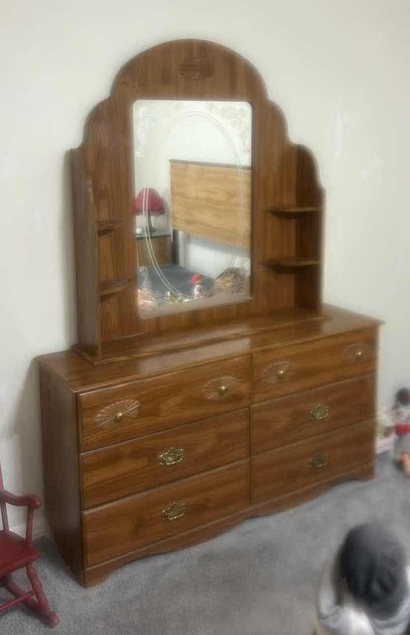 Photo 1 of VINTAGE WOODEN SIX DOOR DRESSER WITH ATTACHED SCALLOPED MIRROR