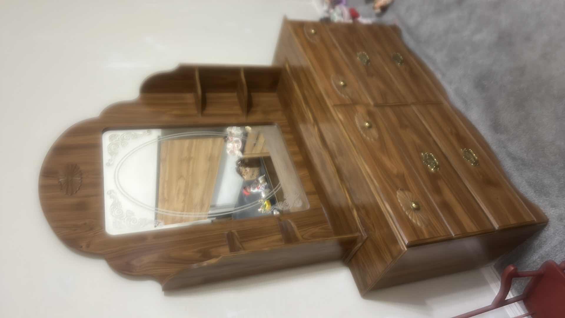 Photo 1 of VINTAGE WOODEN SIX DOOR DRESSER WITH ATTACHED SCALLOPED MIRROR