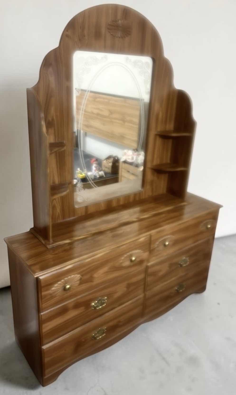 Photo 1 of VINTAGE WOODEN SIX DOOR DRESSER WITH ATTACHED SCALLOPED MIRROR
