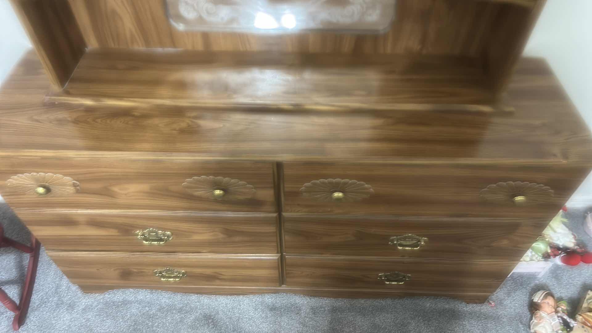 Photo 1 of VINTAGE WOODEN SIX DOOR DRESSER WITH ATTACHED SCALLOPED MIRROR