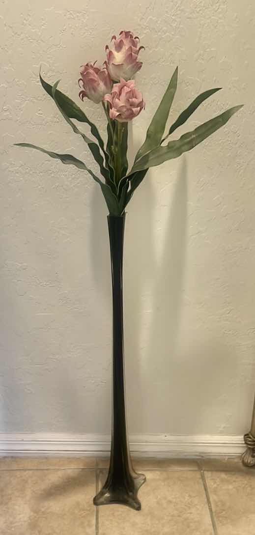 Photo 1 of TALL SLENDER GLASS VASE H32”WITH FAUX FLOWERS